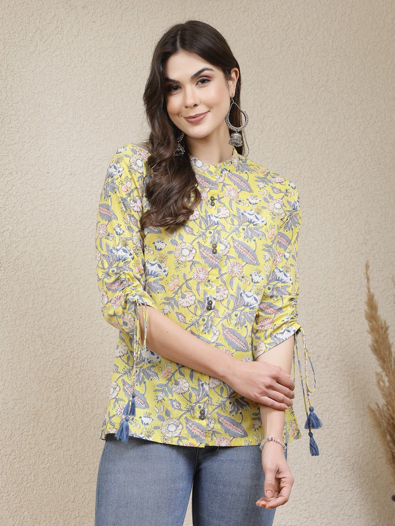 women yellow floral printed cotton shirt style top