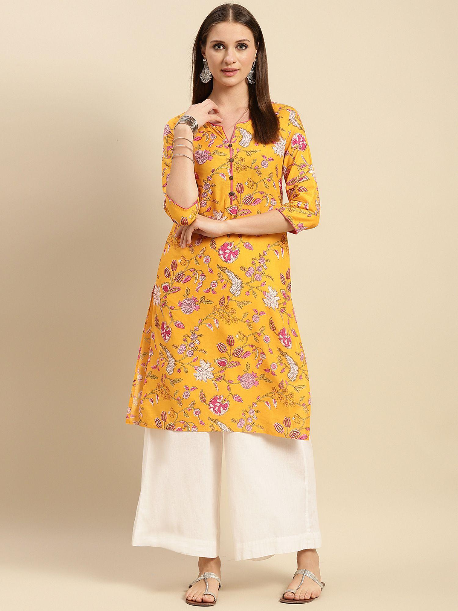 women yellow floral printed knee length straight kurta