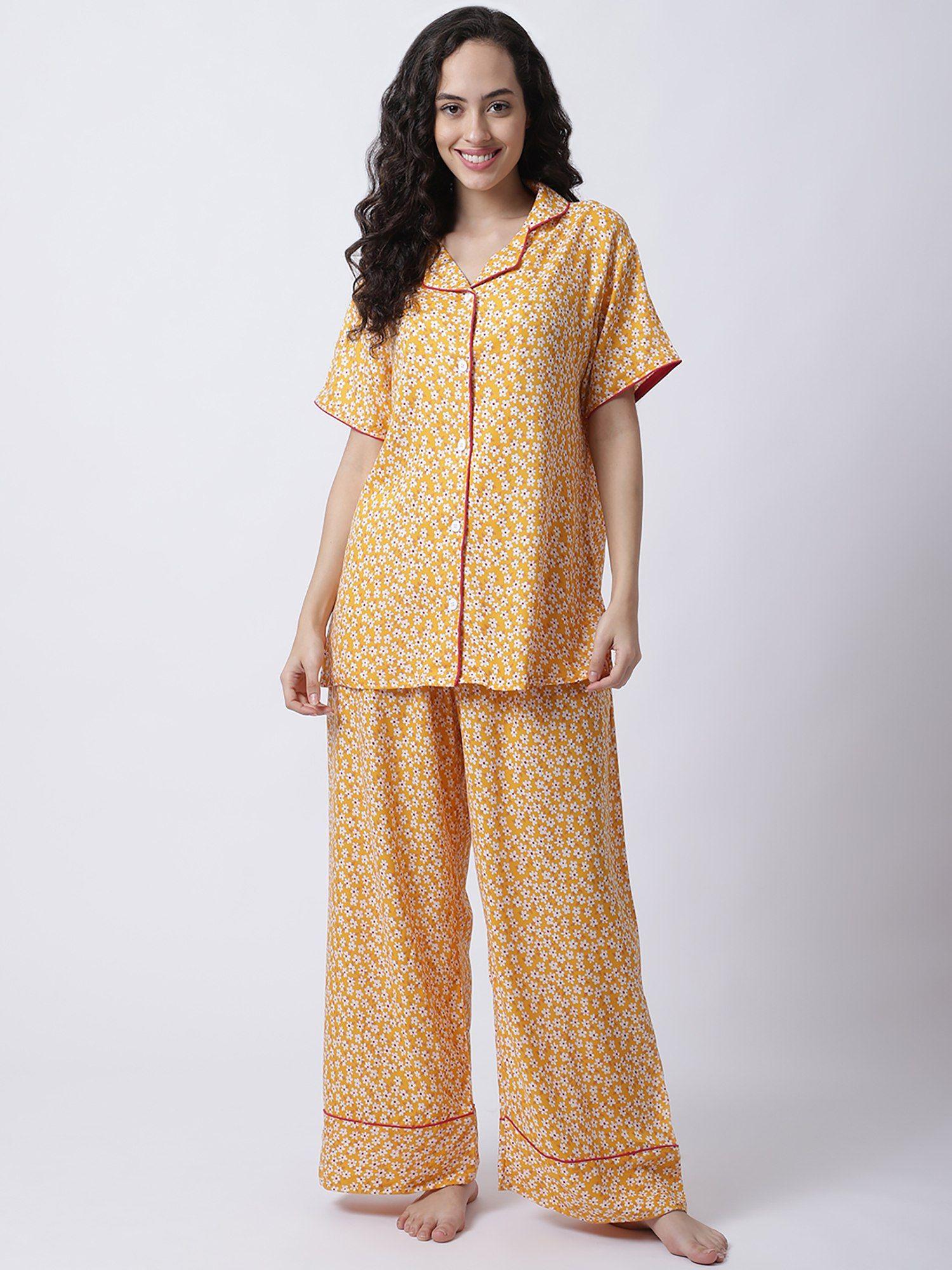 women yellow floral printed rayon night suit (set of 2)