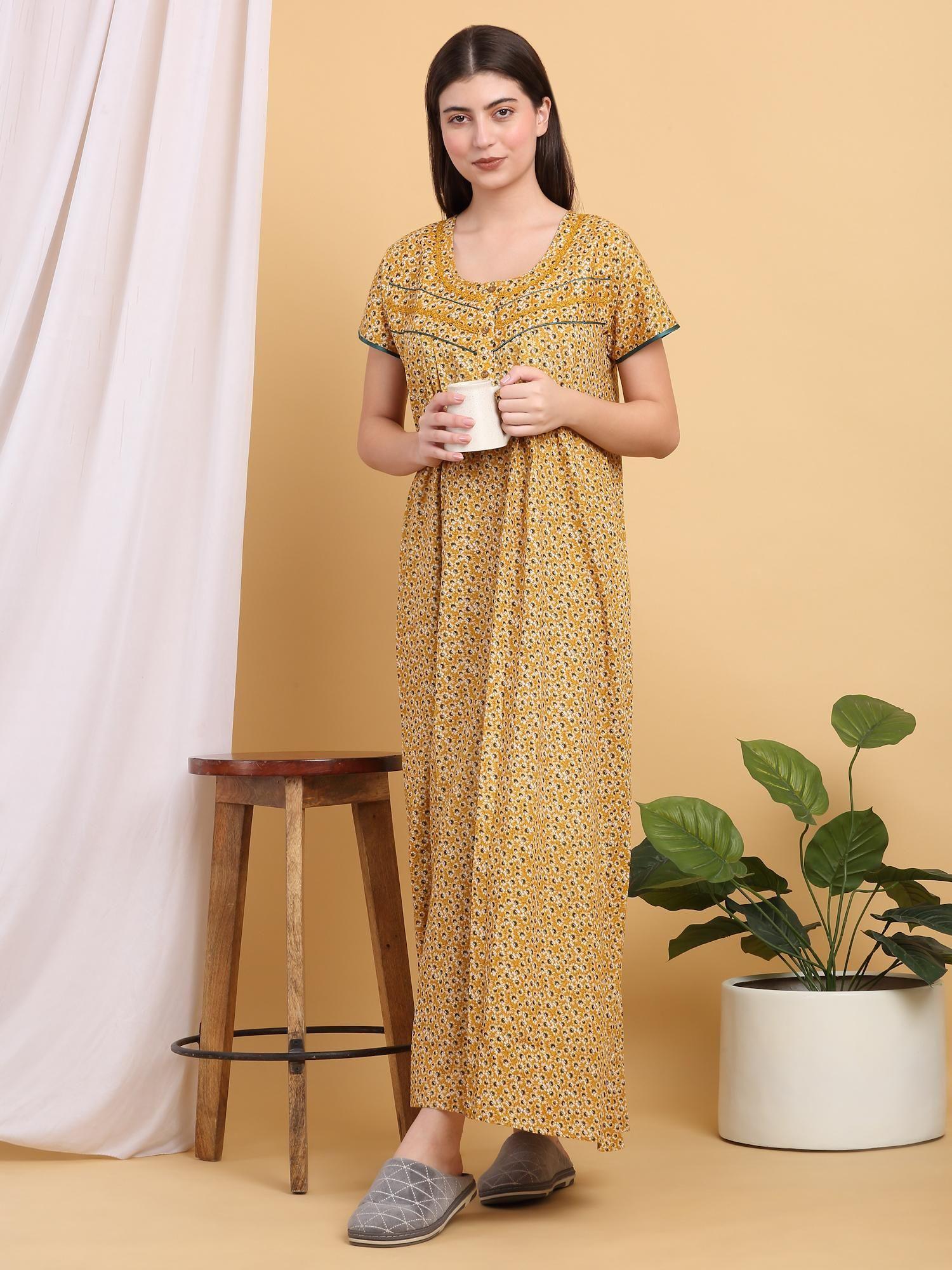 women yellow floral printed round neck nightdress