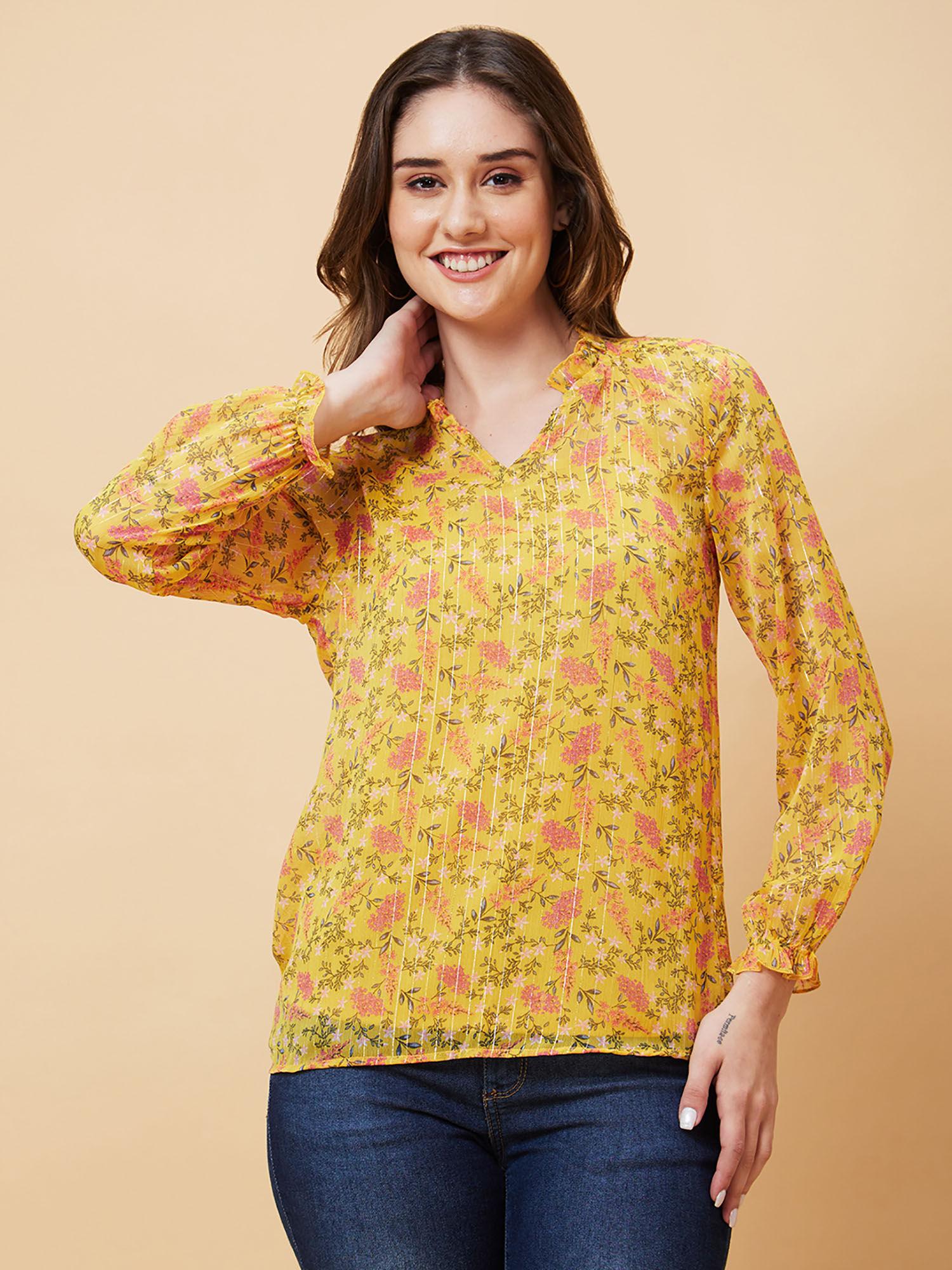 women yellow floral printed ruffle collar top with inner (set of 2)