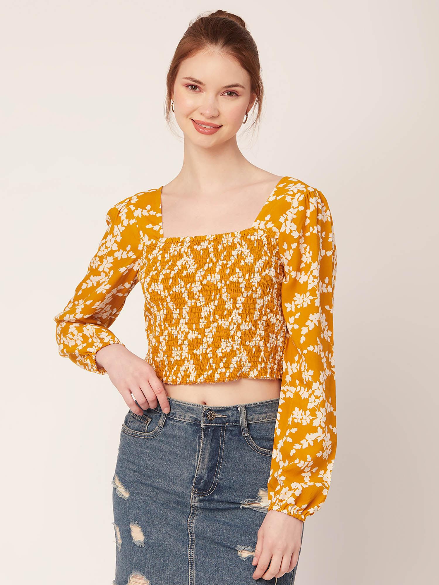 women yellow floral square neck crop top