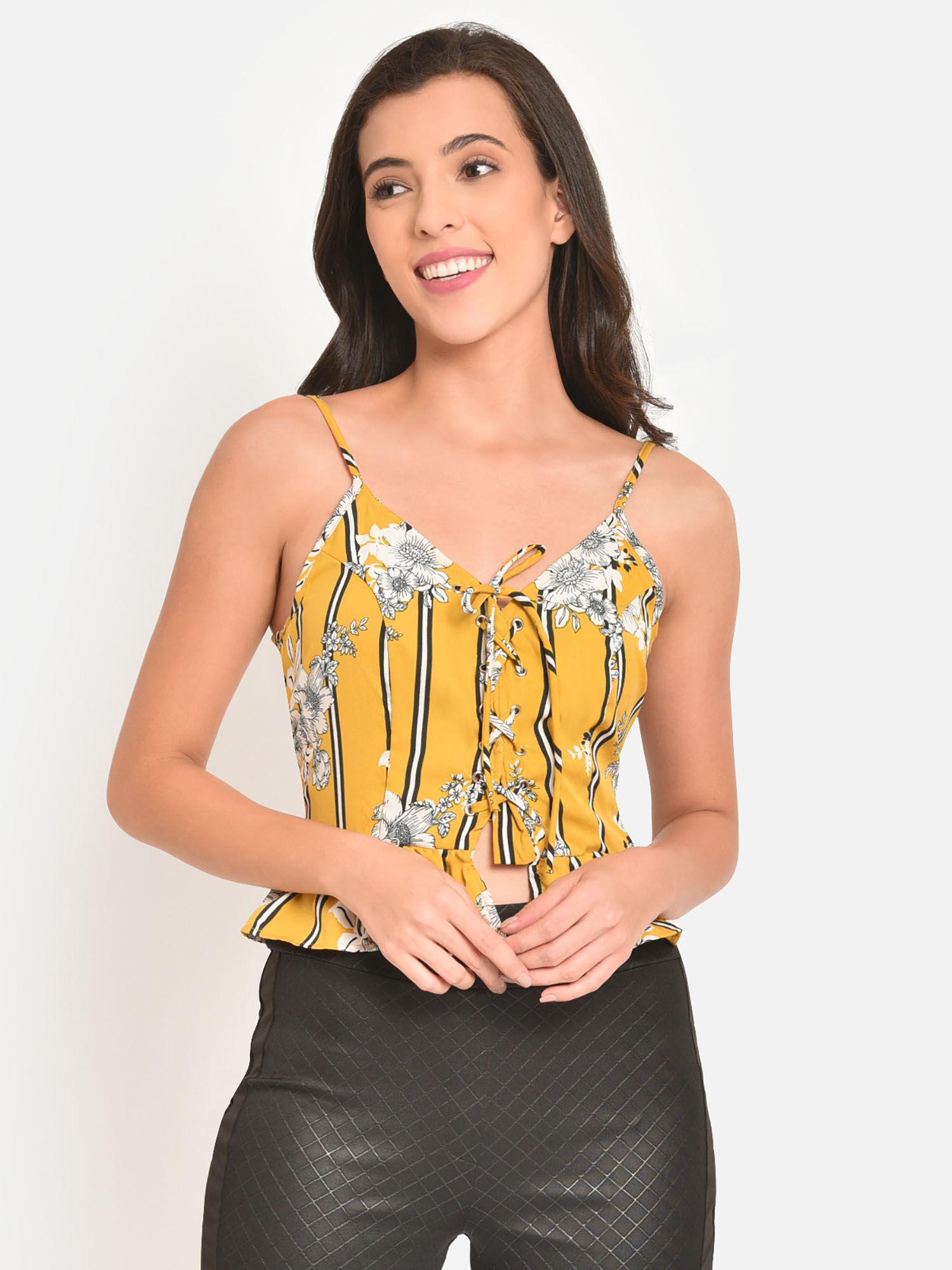 women yellow floral stripe eyelet laceup crop top