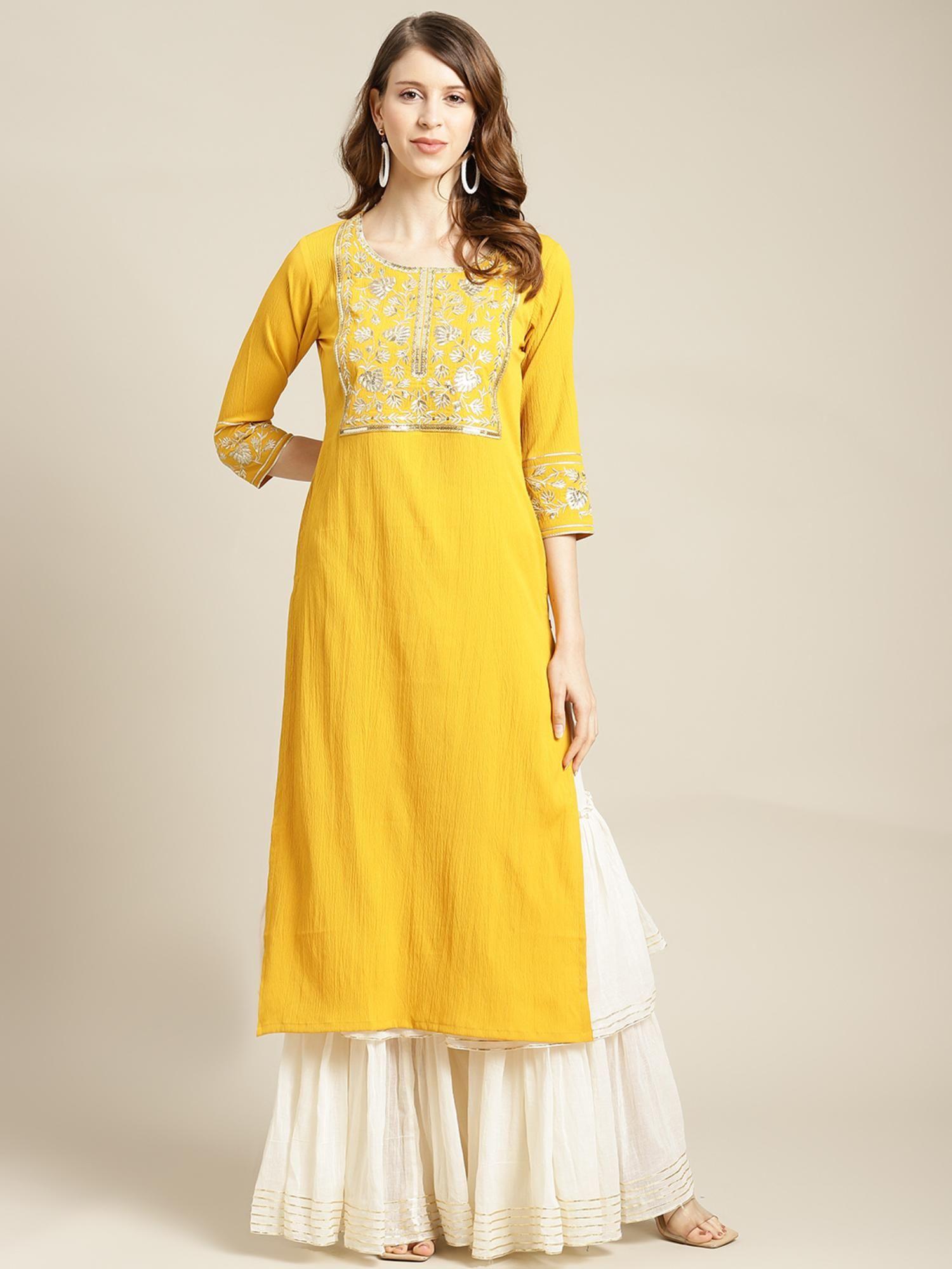 women yellow floral zari and sequins embroidery straight kurta