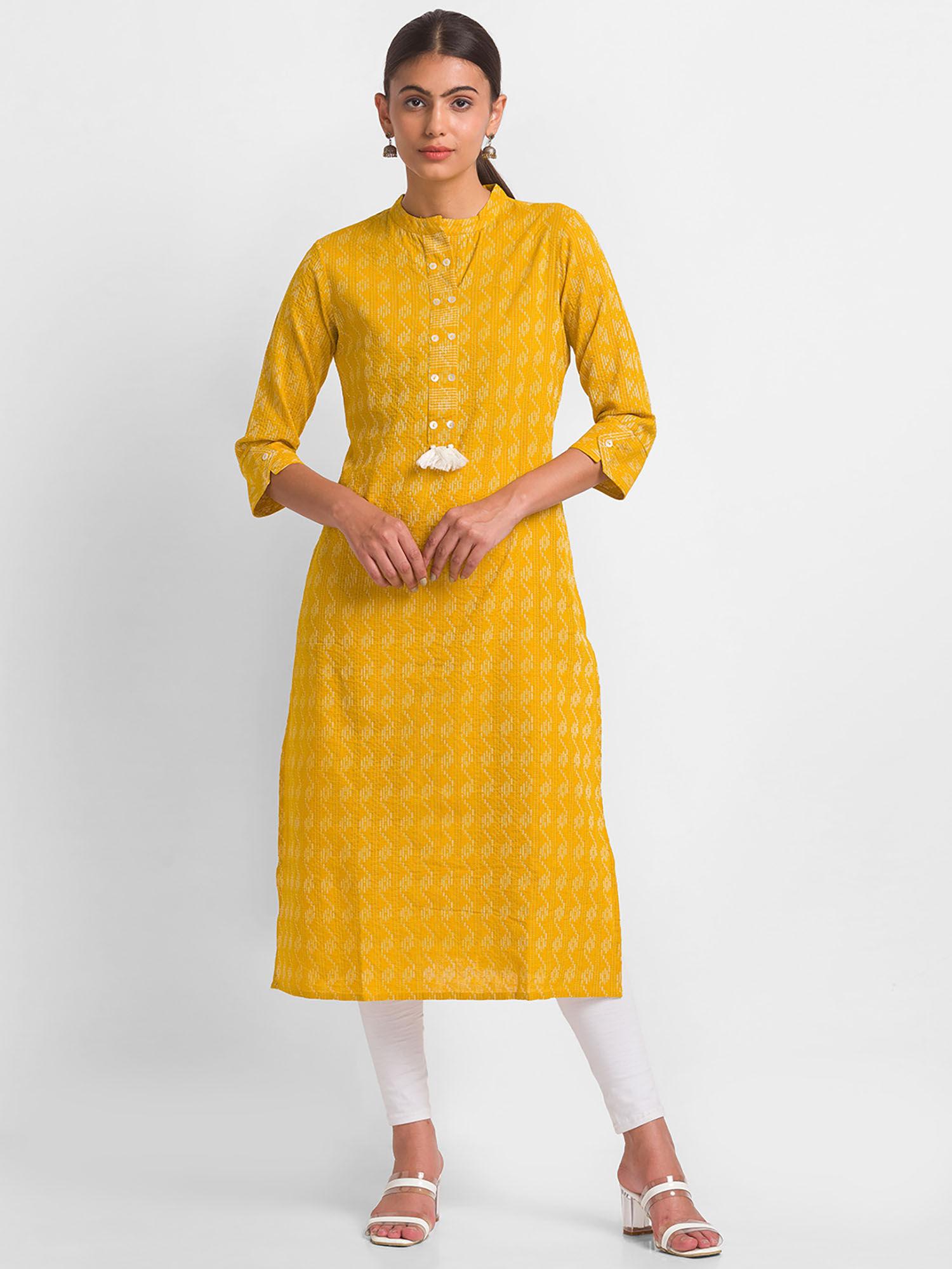 women yellow geometric thread work straight calf length kurta