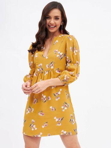 women yellow georgette printed mini dress