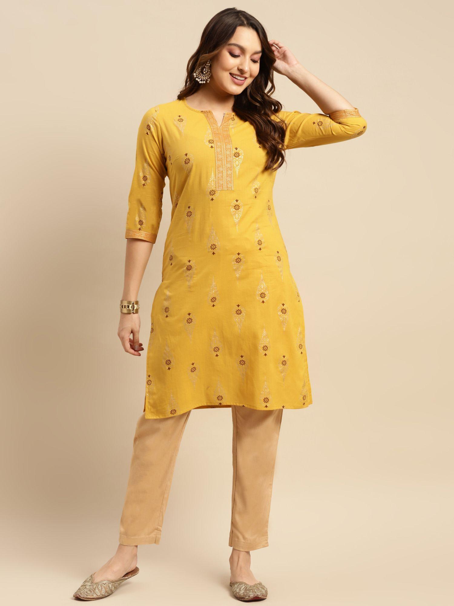 women yellow gold printed knee length straight kurta