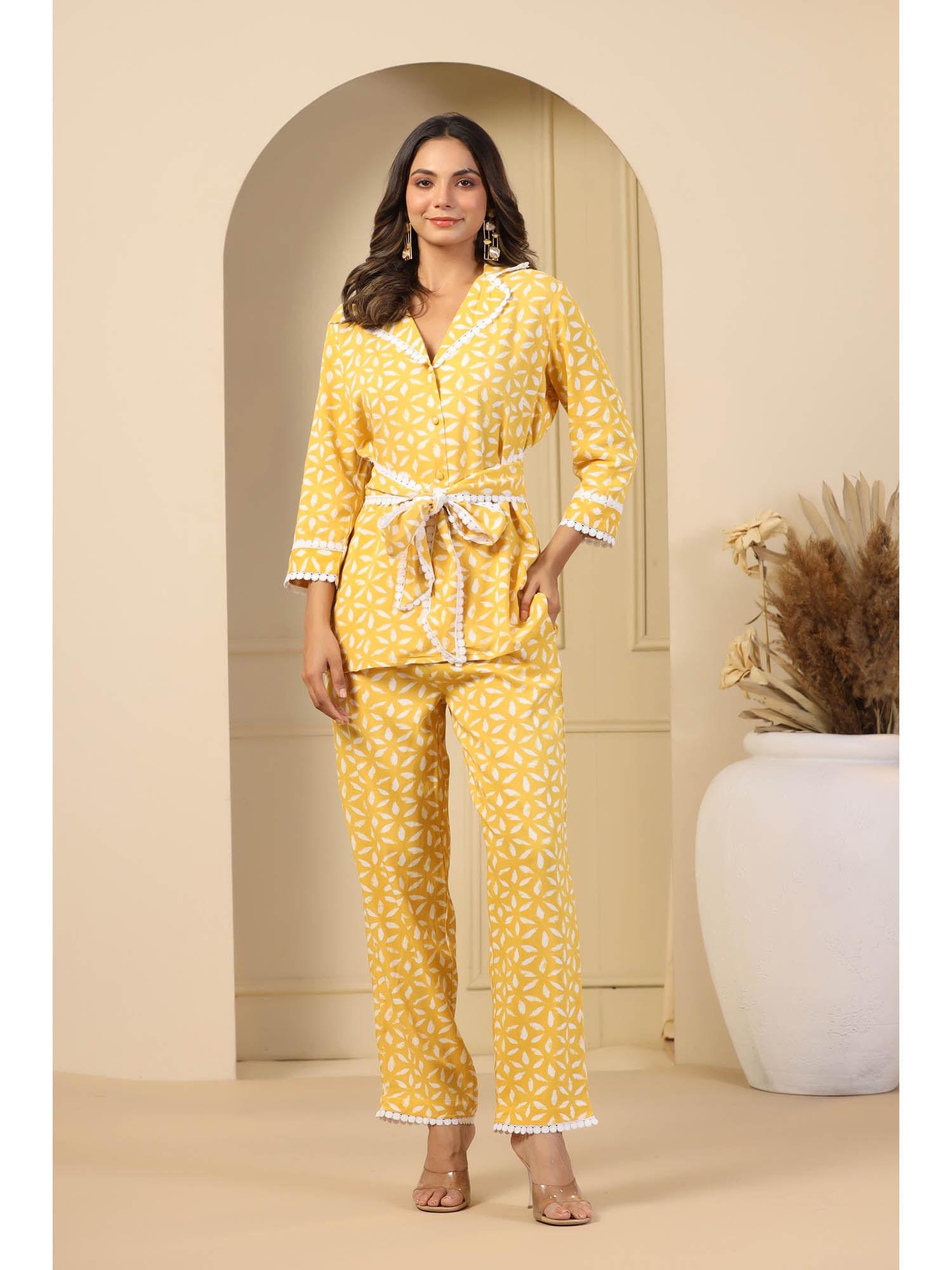 women yellow grace knot shirt and pyjama co-ord (set of 2)