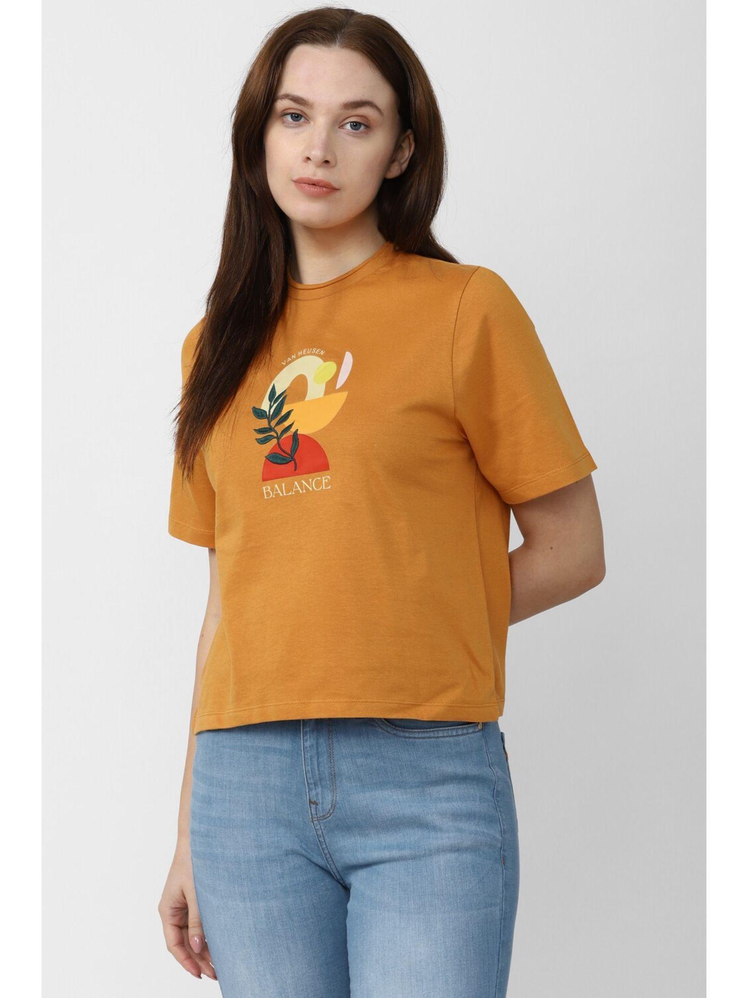 women yellow graphic print casual round neck t-shirt