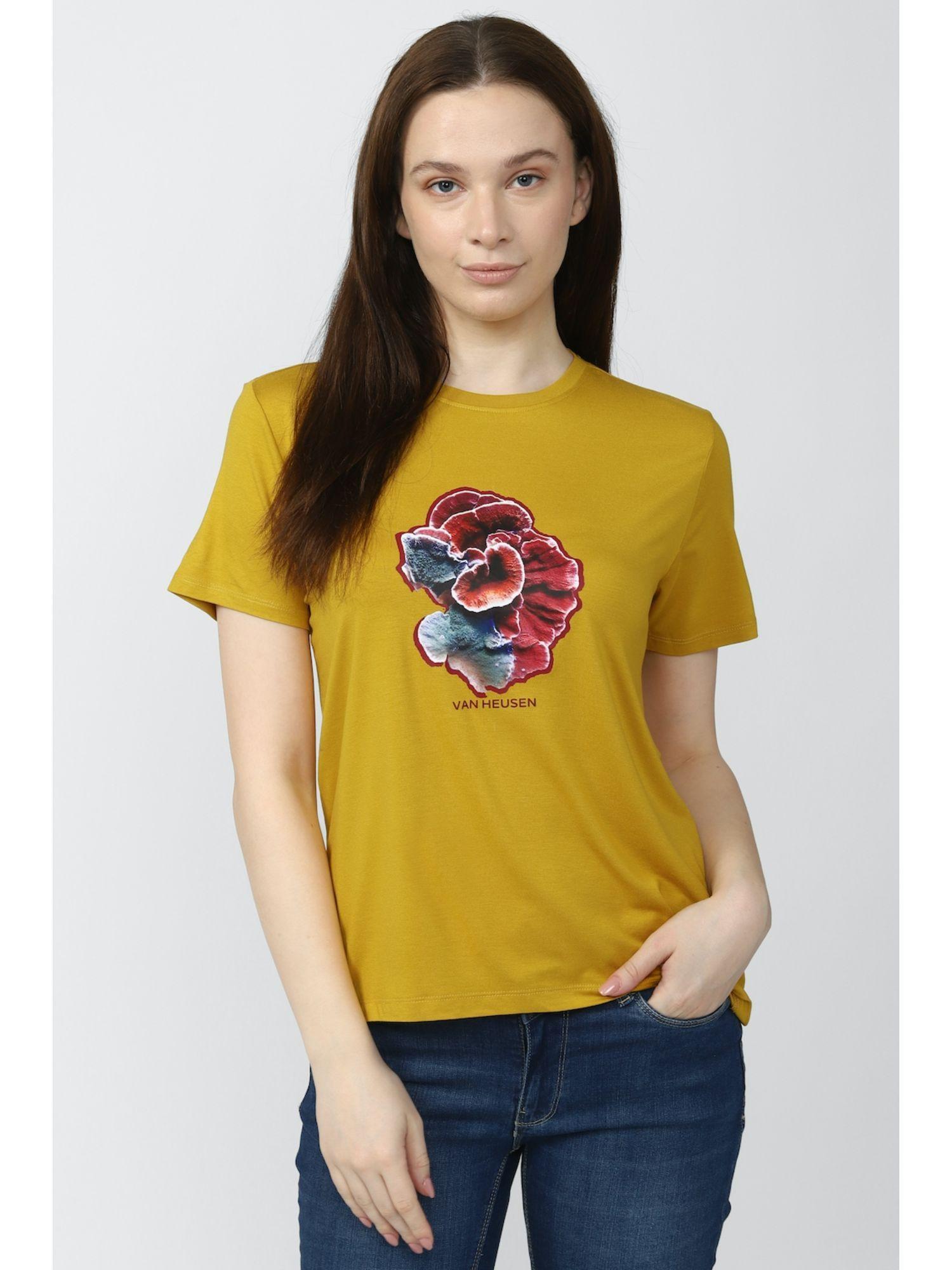 women yellow graphic print casual round neck top