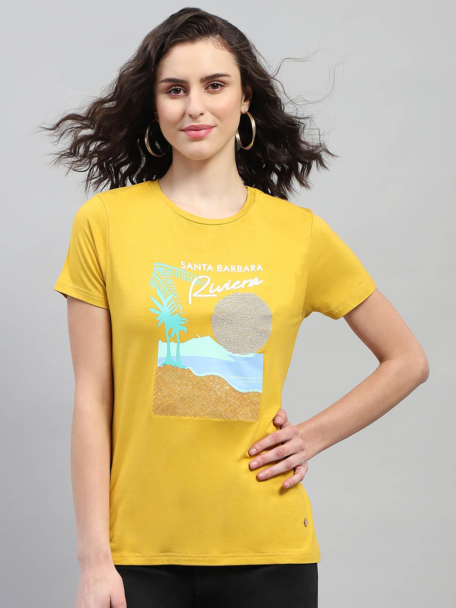 women yellow graphic printed half sleeves round neck top