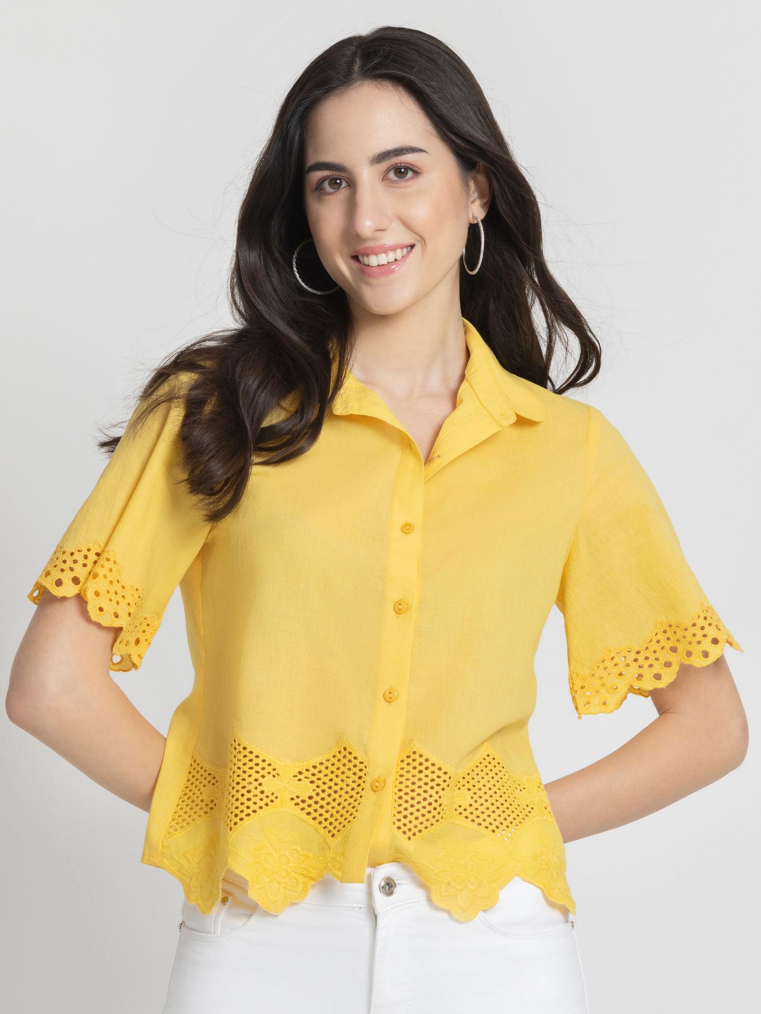 women yellow half sleeves casual cotton schiffli lace shirt