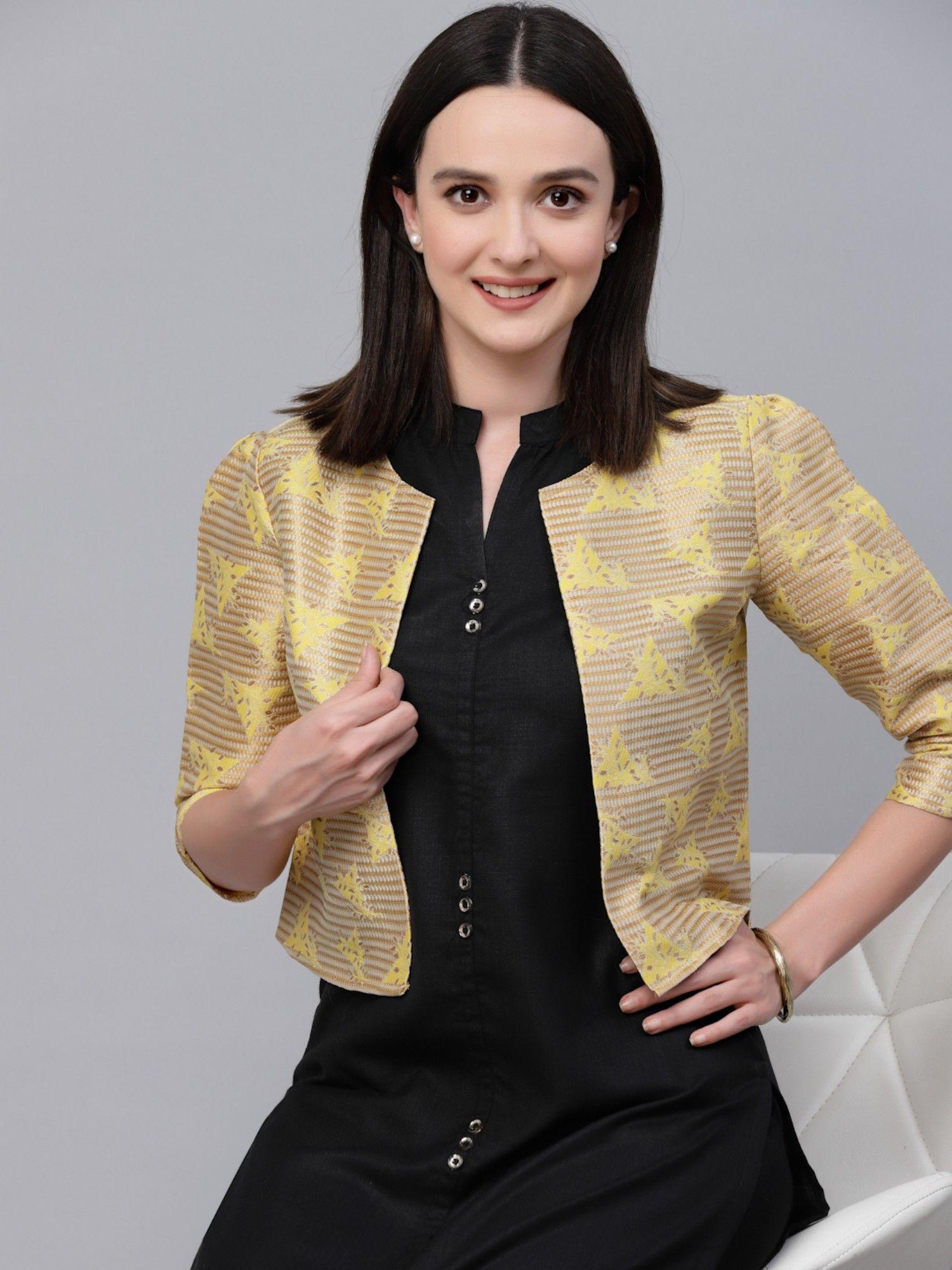 women yellow jacquard ethnic crop shrug