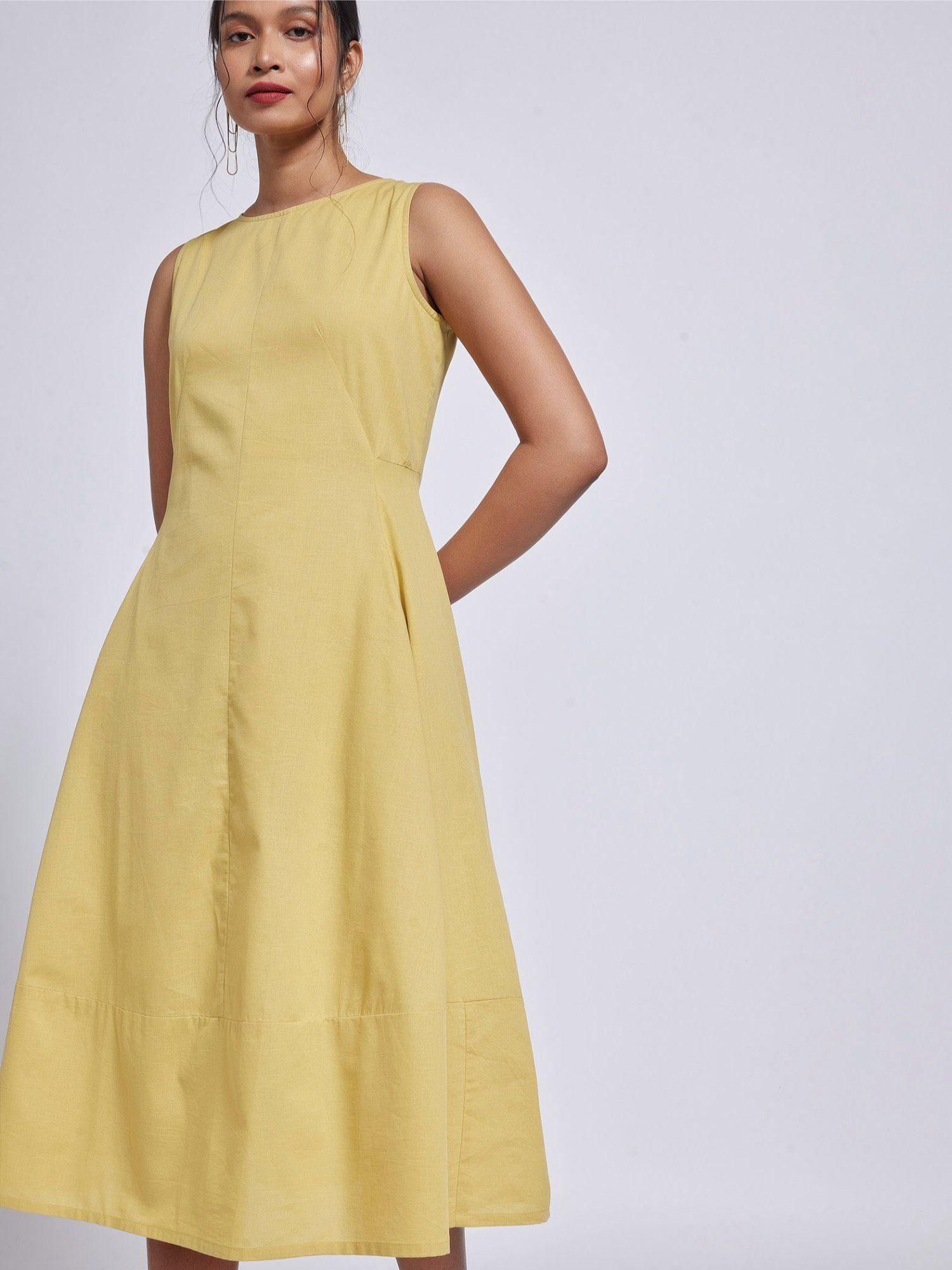 women yellow linen a line dress