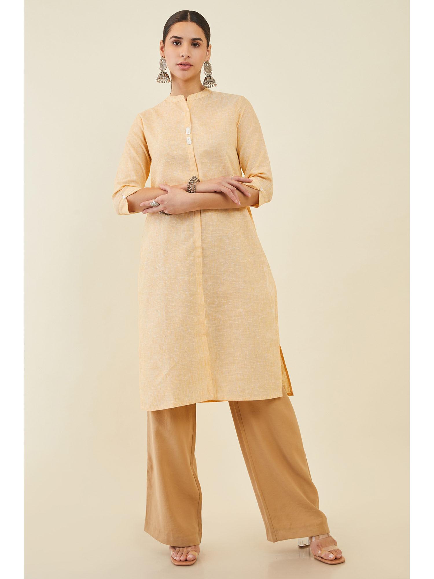 women yellow linen straight kurta with shell button embellishments