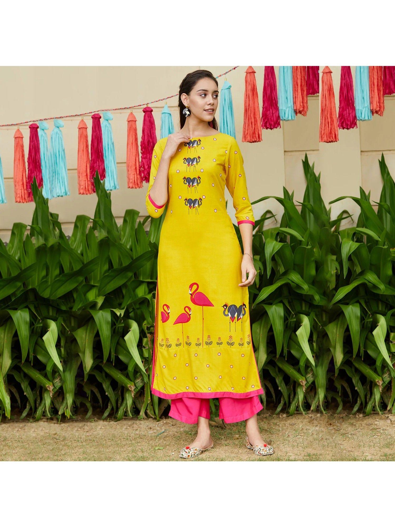 women yellow mirror image flamingo straight kurta