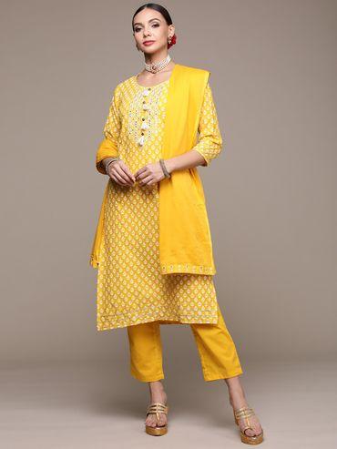 women yellow mirrorwork printed kurta and pant with dupatta (set of 3)
