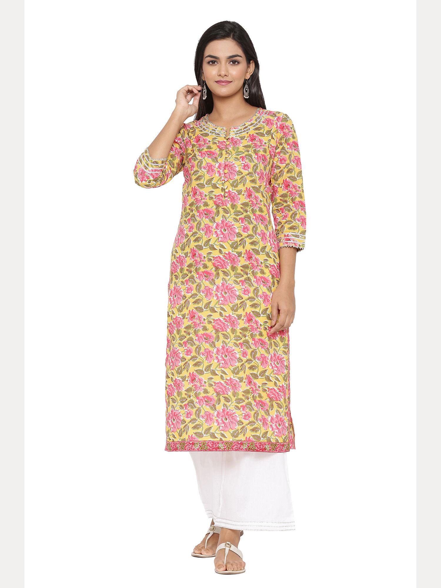 women yellow on peach floral printed straight fit kurta