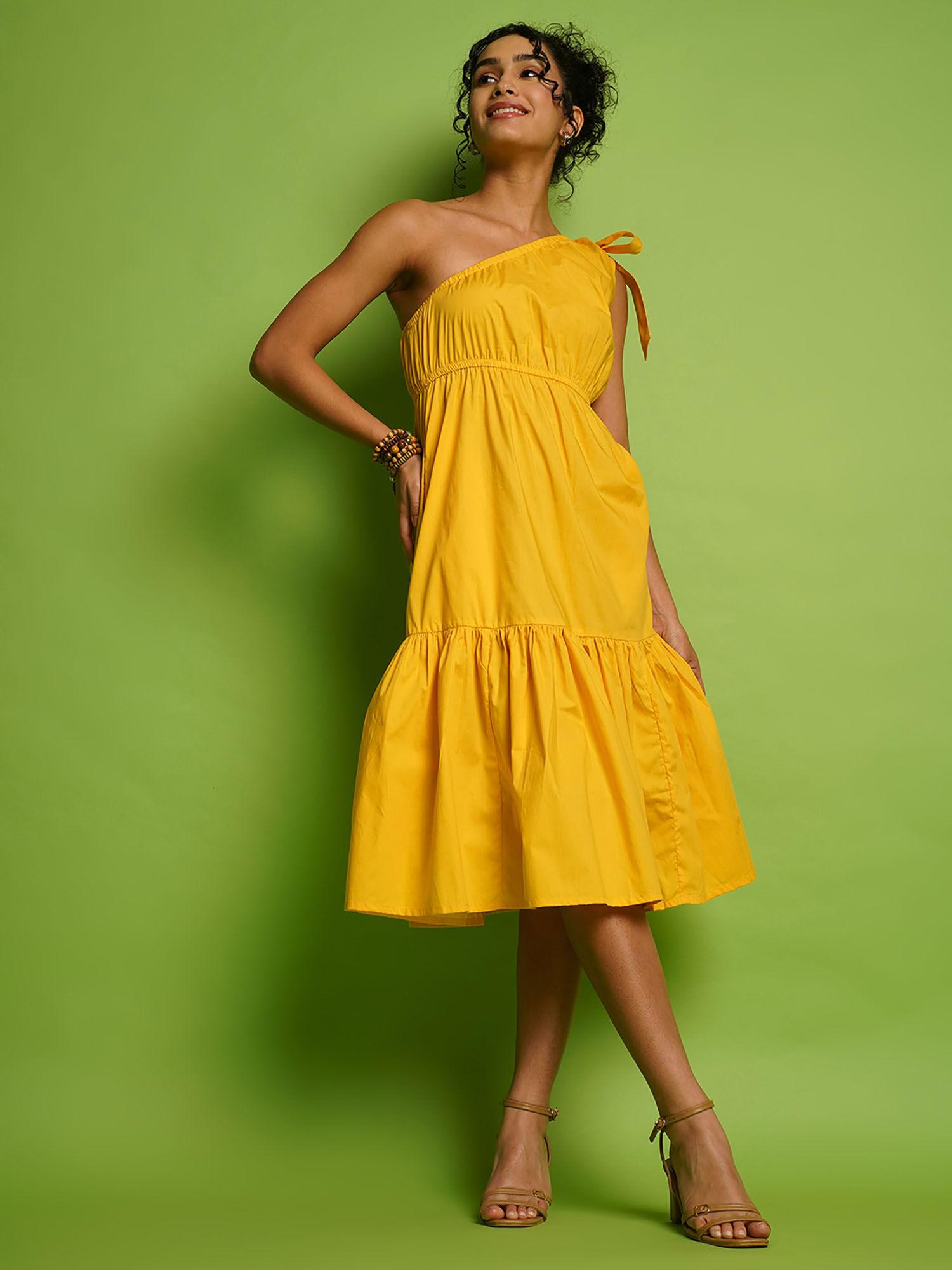 women yellow one shoulder fit and flare midi dress