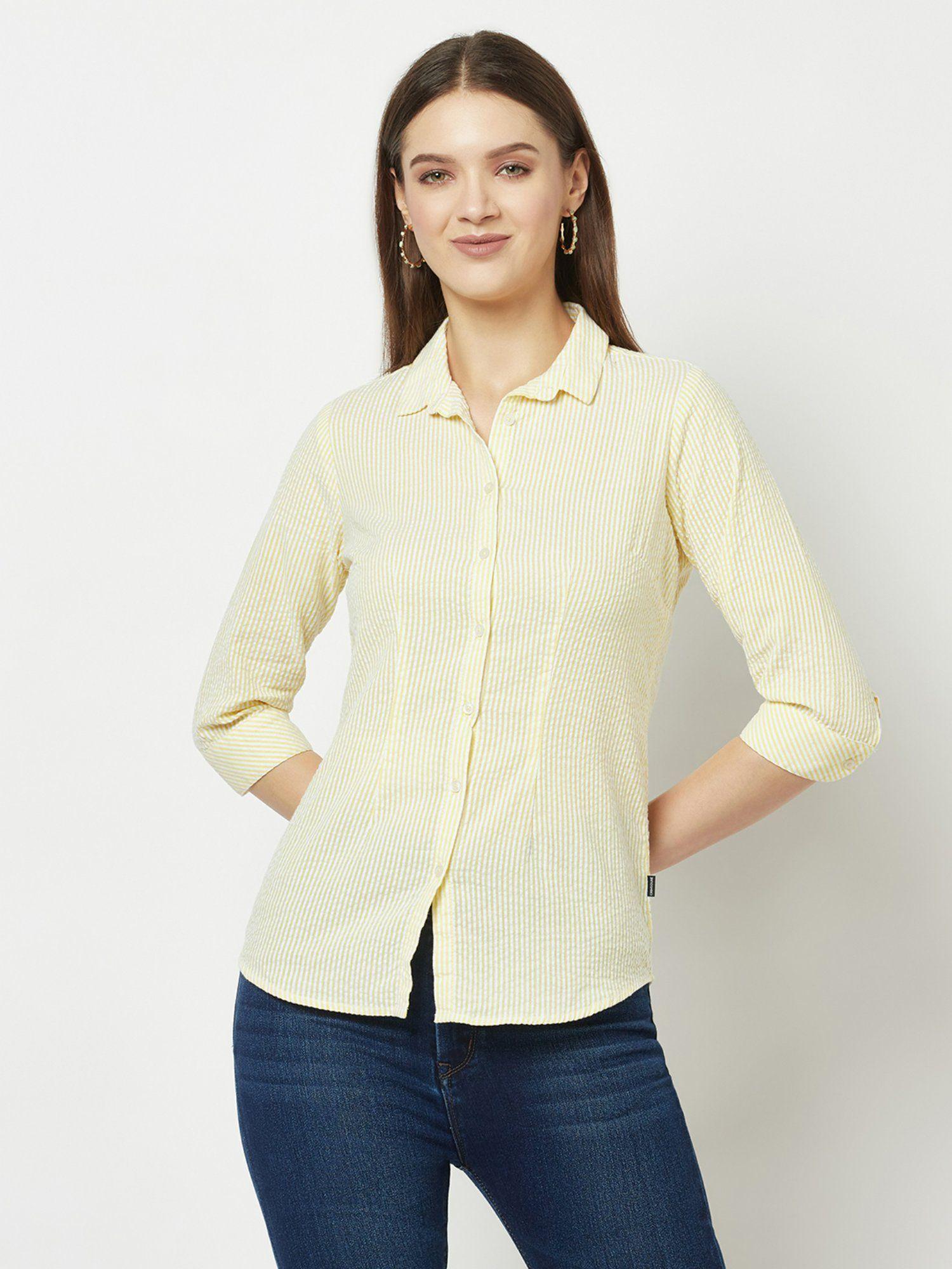 women yellow pin stripes shirt