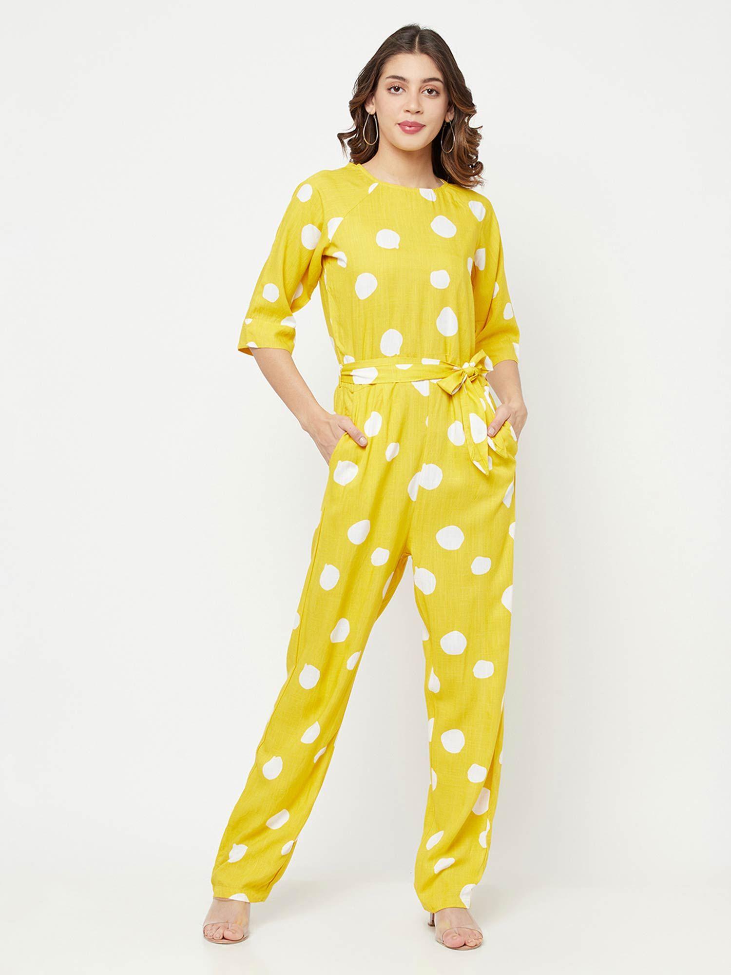 women yellow polka dot printed jumpsuit