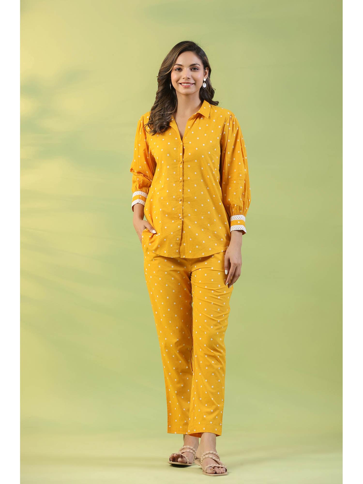 women yellow polka dots print shirt with pant co-ord (set of 2)