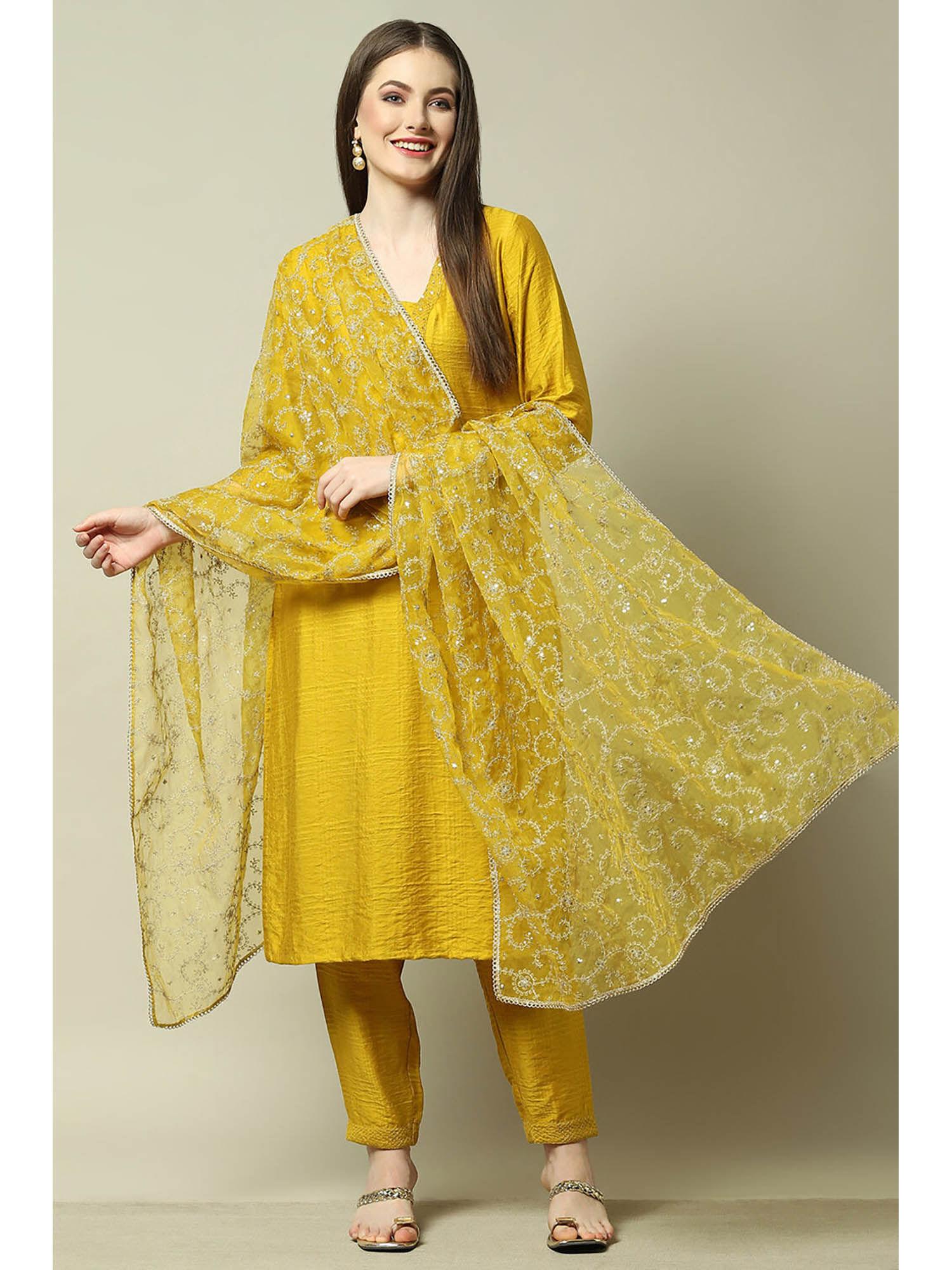 women yellow polyester embroidered and sequined kurta with pant and dupatta (set of 3)