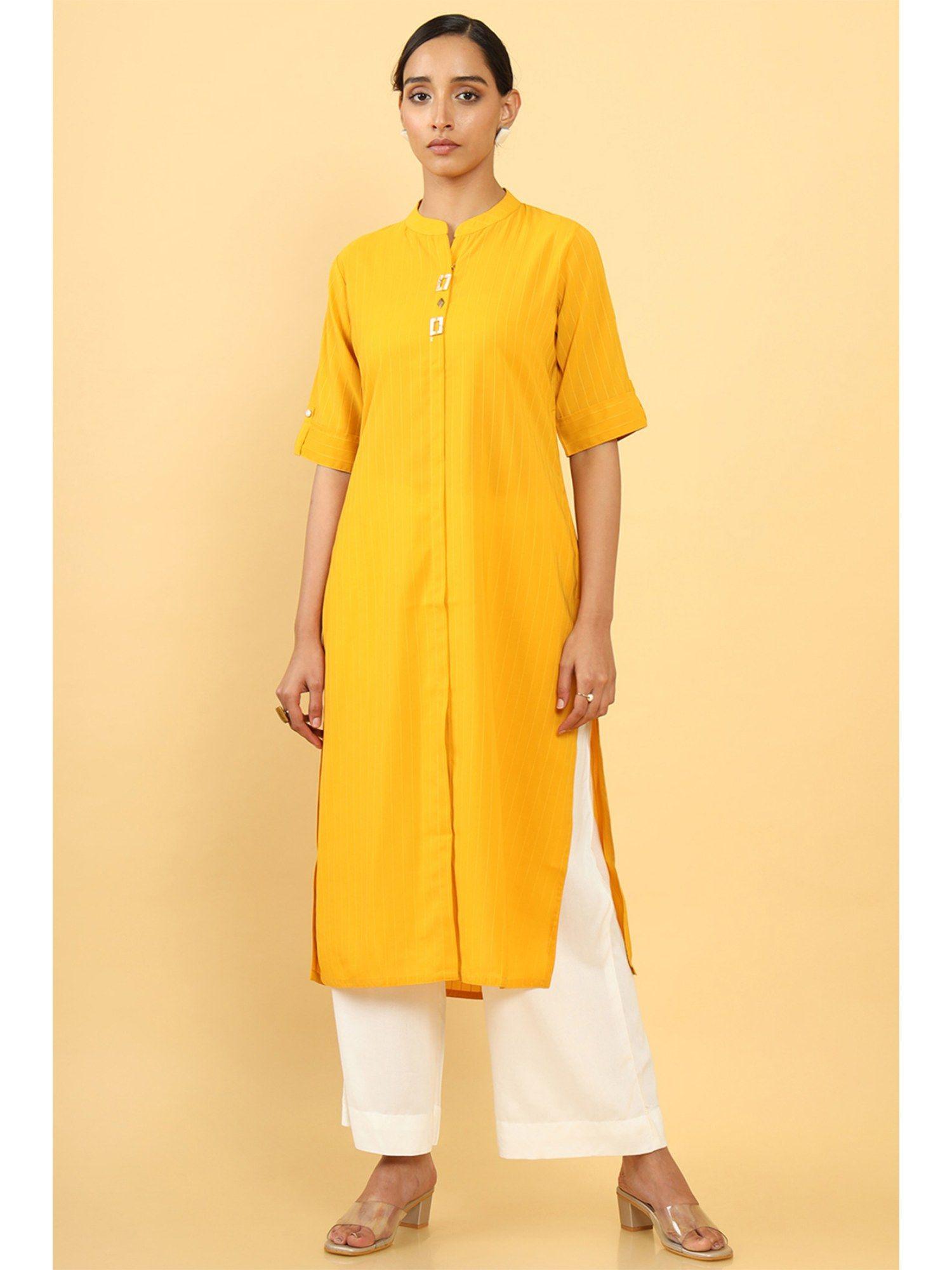 women yellow polyester stripes kurta