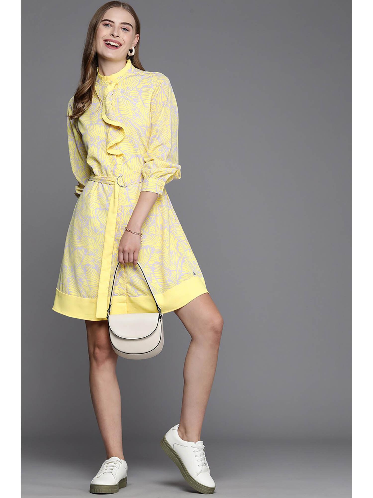 women yellow print casual dress with belt (set of 2)