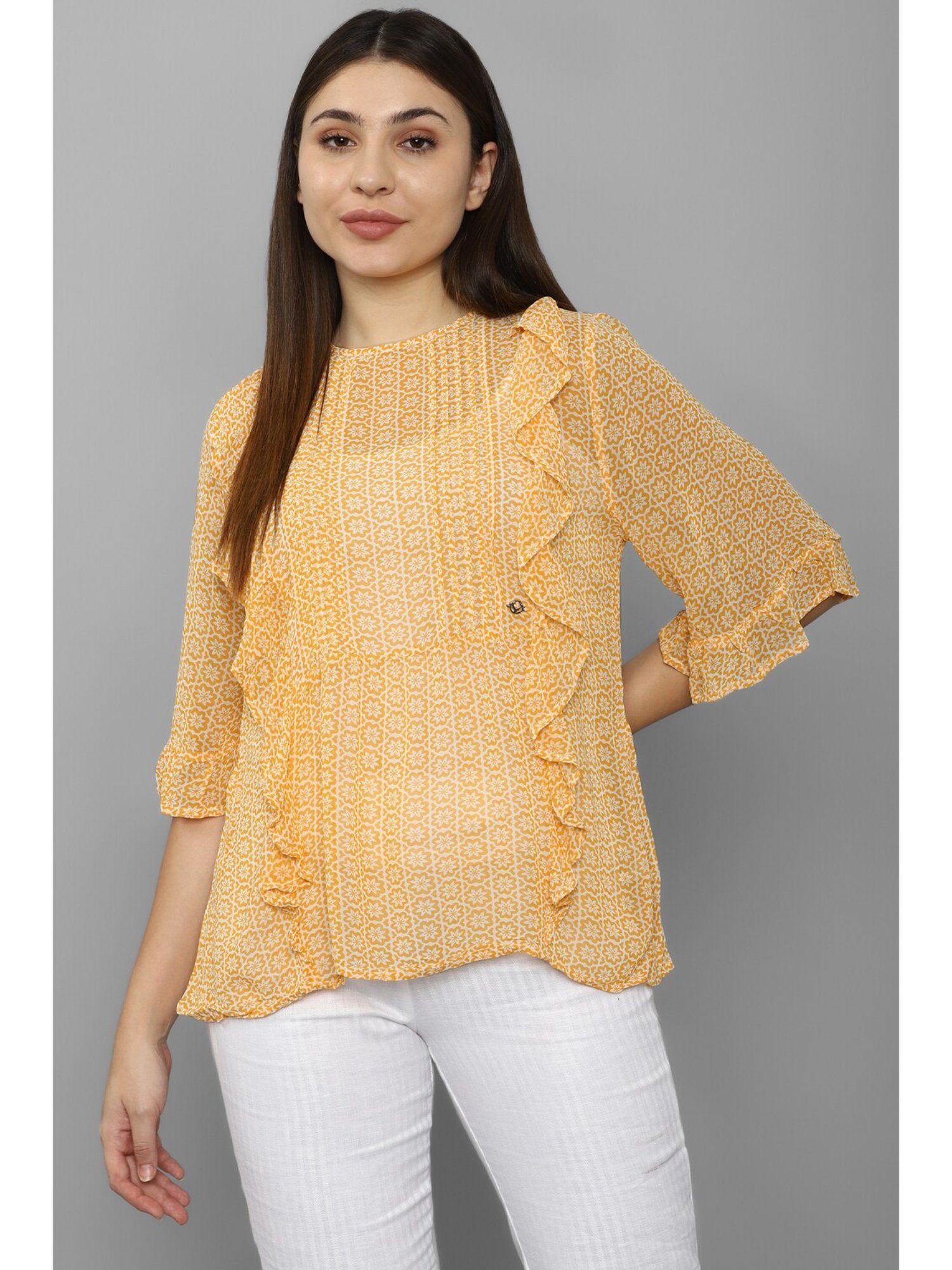 women yellow print short sleeves tunic