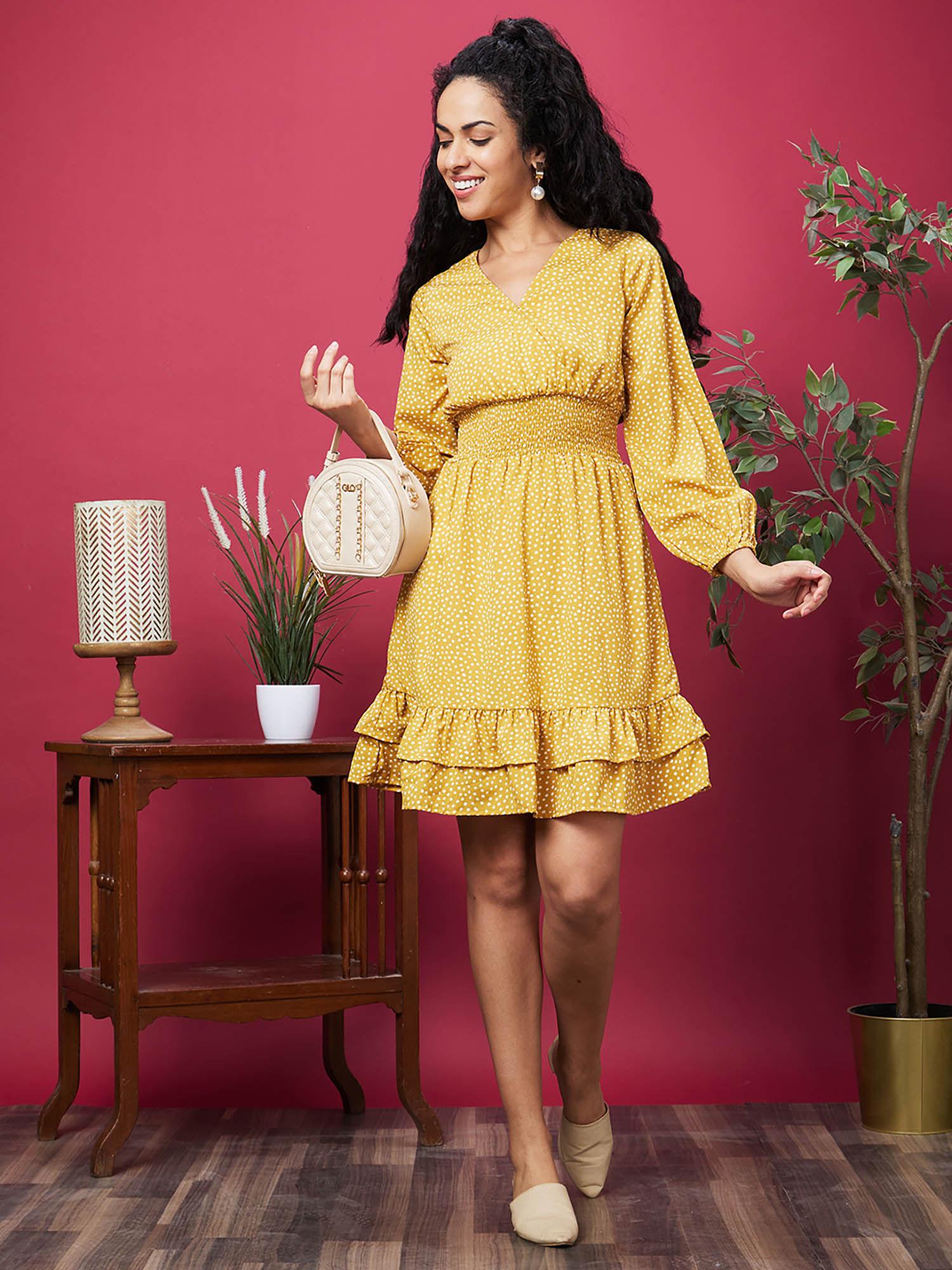 women yellow printed casual v neck a-line dress