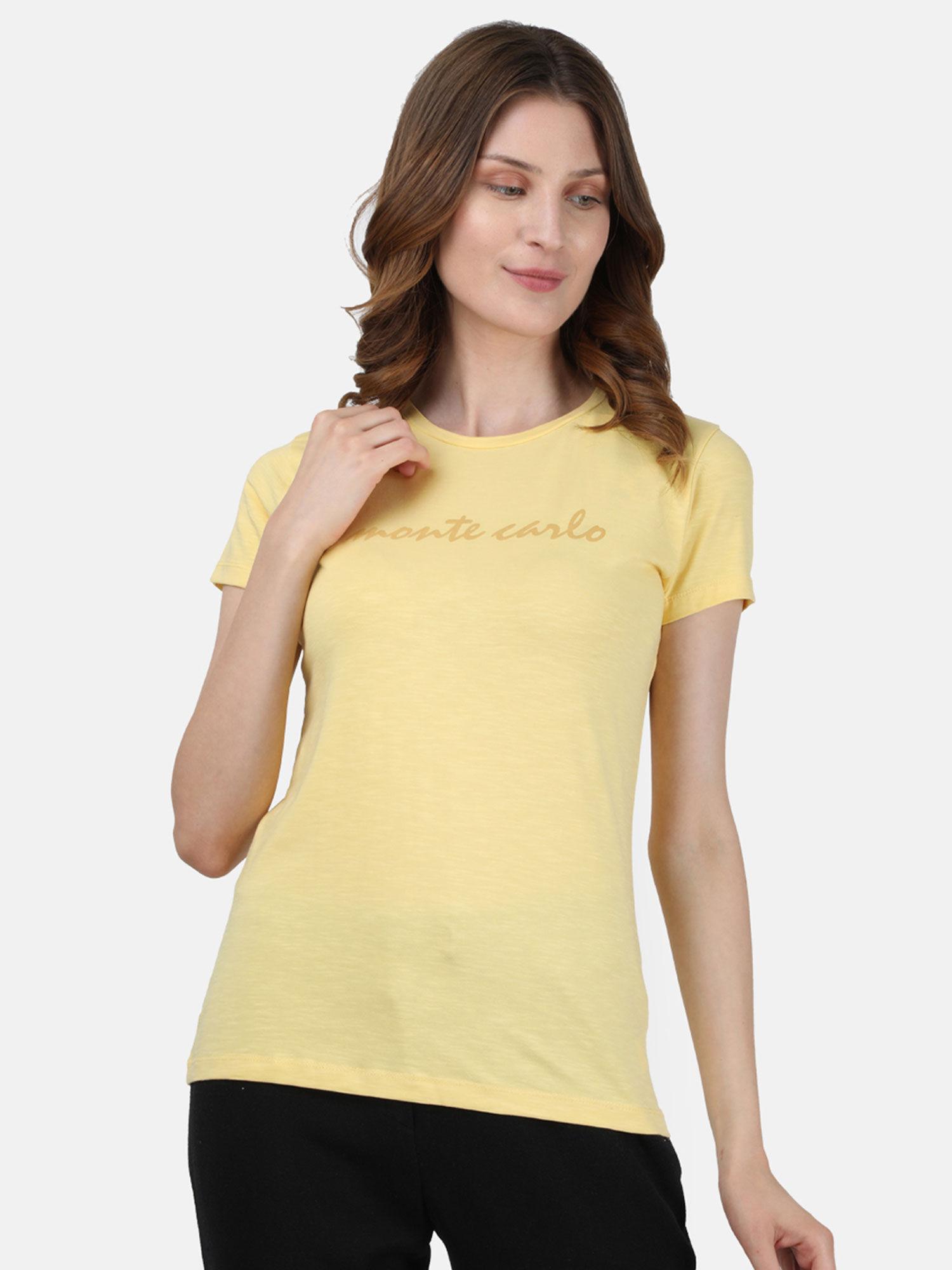 women yellow printed cotton blend t-shirt