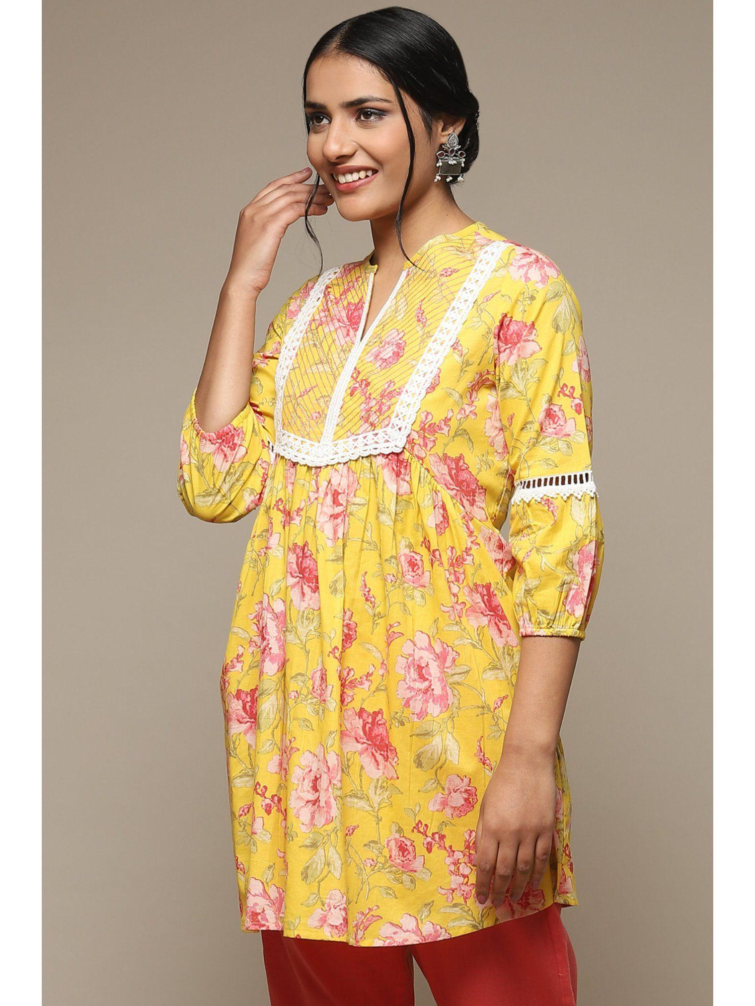 women yellow printed cotton straight kurti