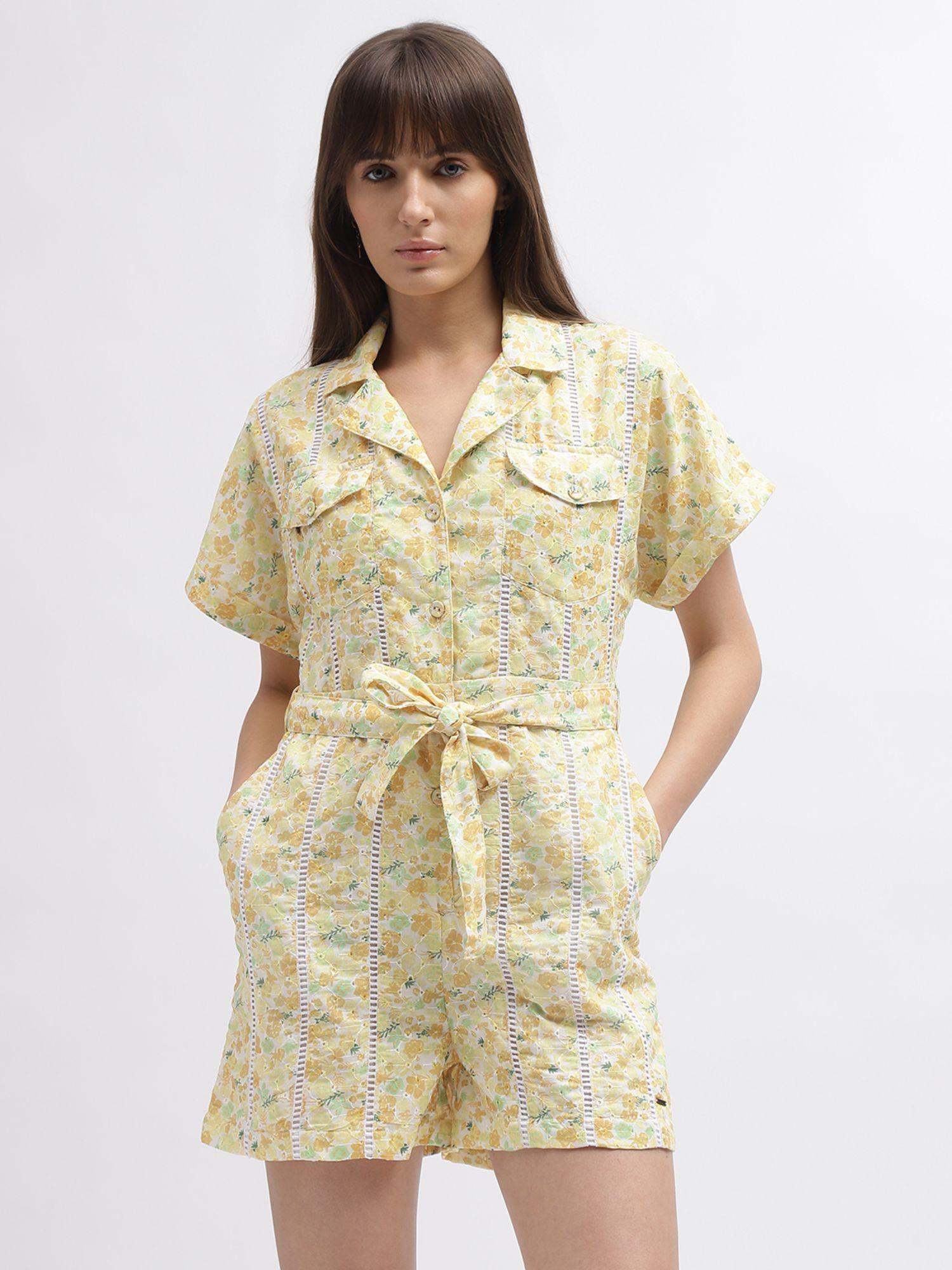 women yellow printed cuban collar short sleeves playsuit (set of 2)