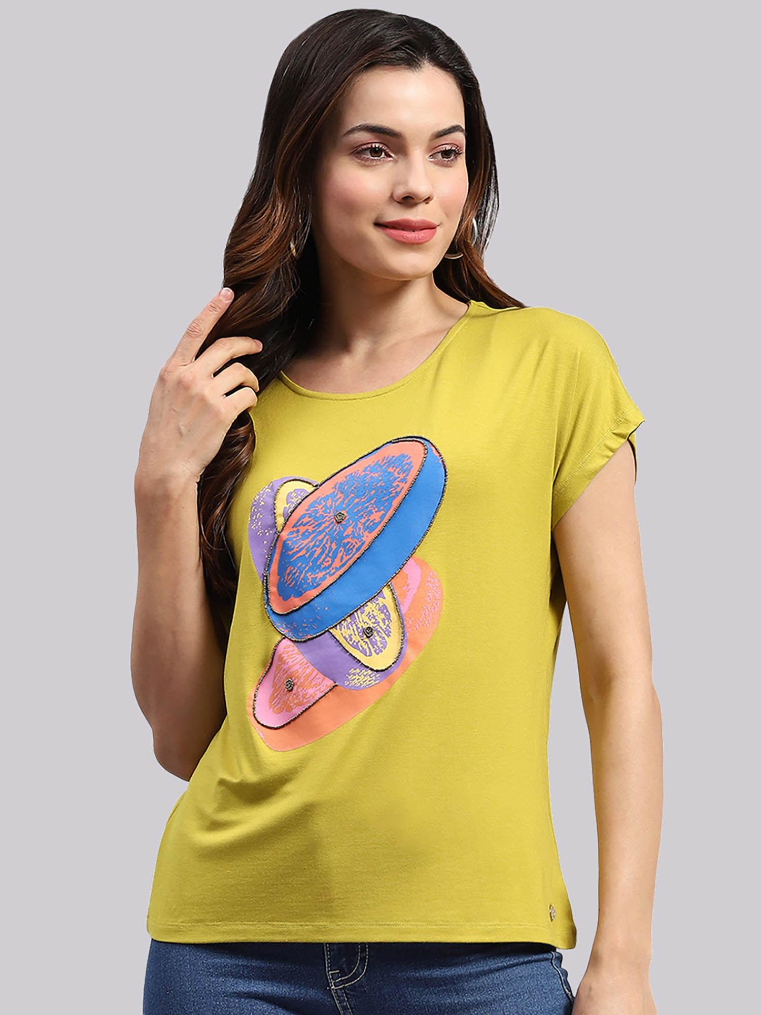 women yellow printed half sleeves round neck top