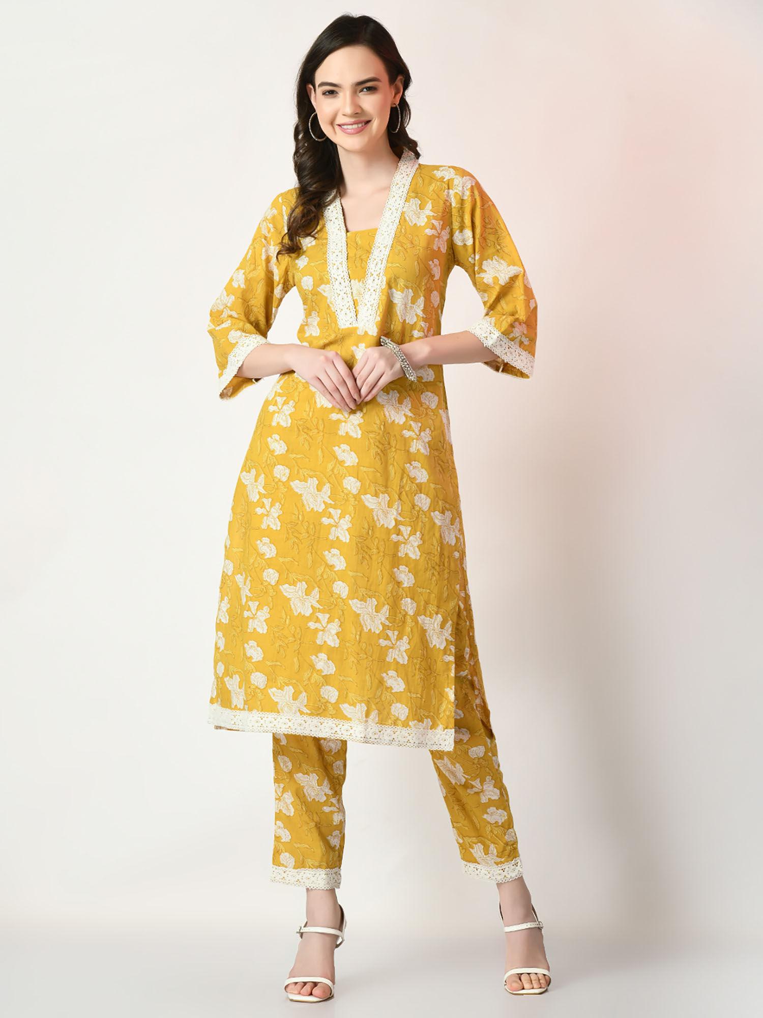 women yellow printed kurta & trouser (set of 2)