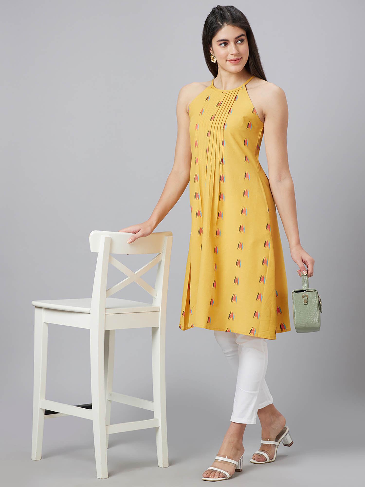 women yellow printed round neck a-line kurta