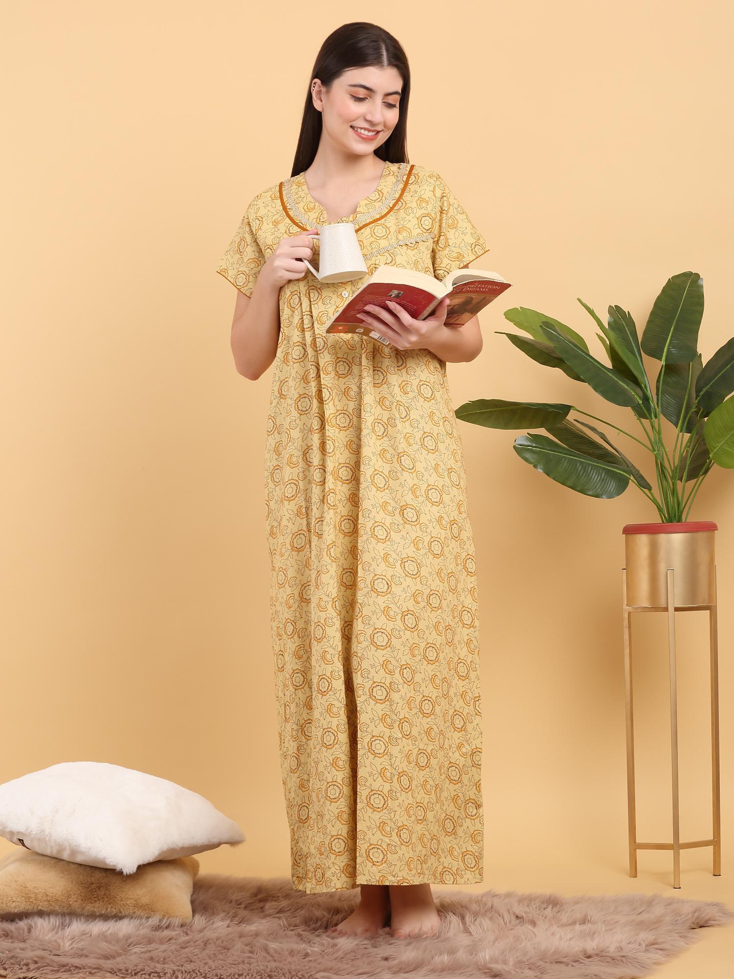 women yellow printed round neck nightdress