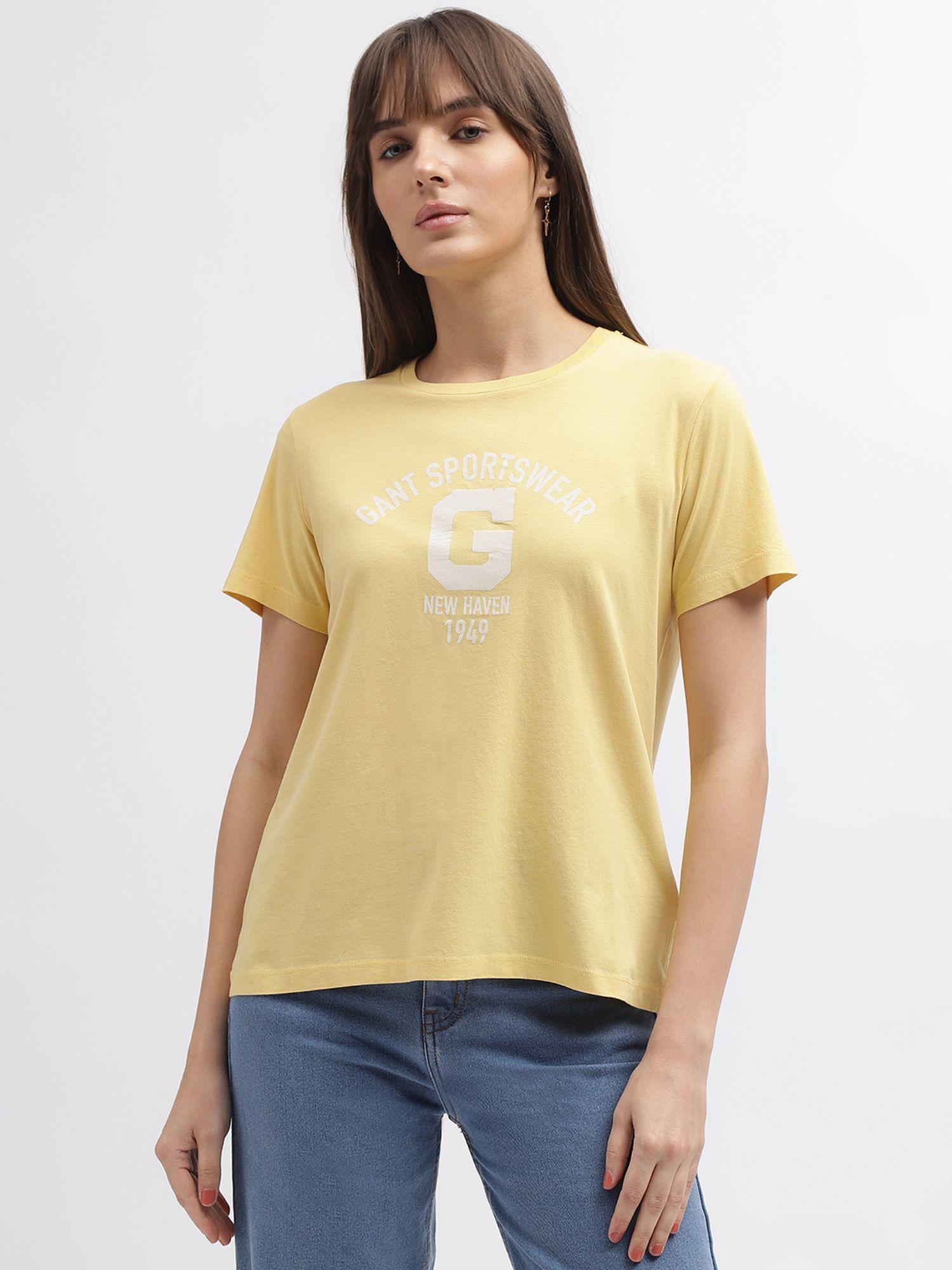 women yellow printed round neck short sleeves t-shirt