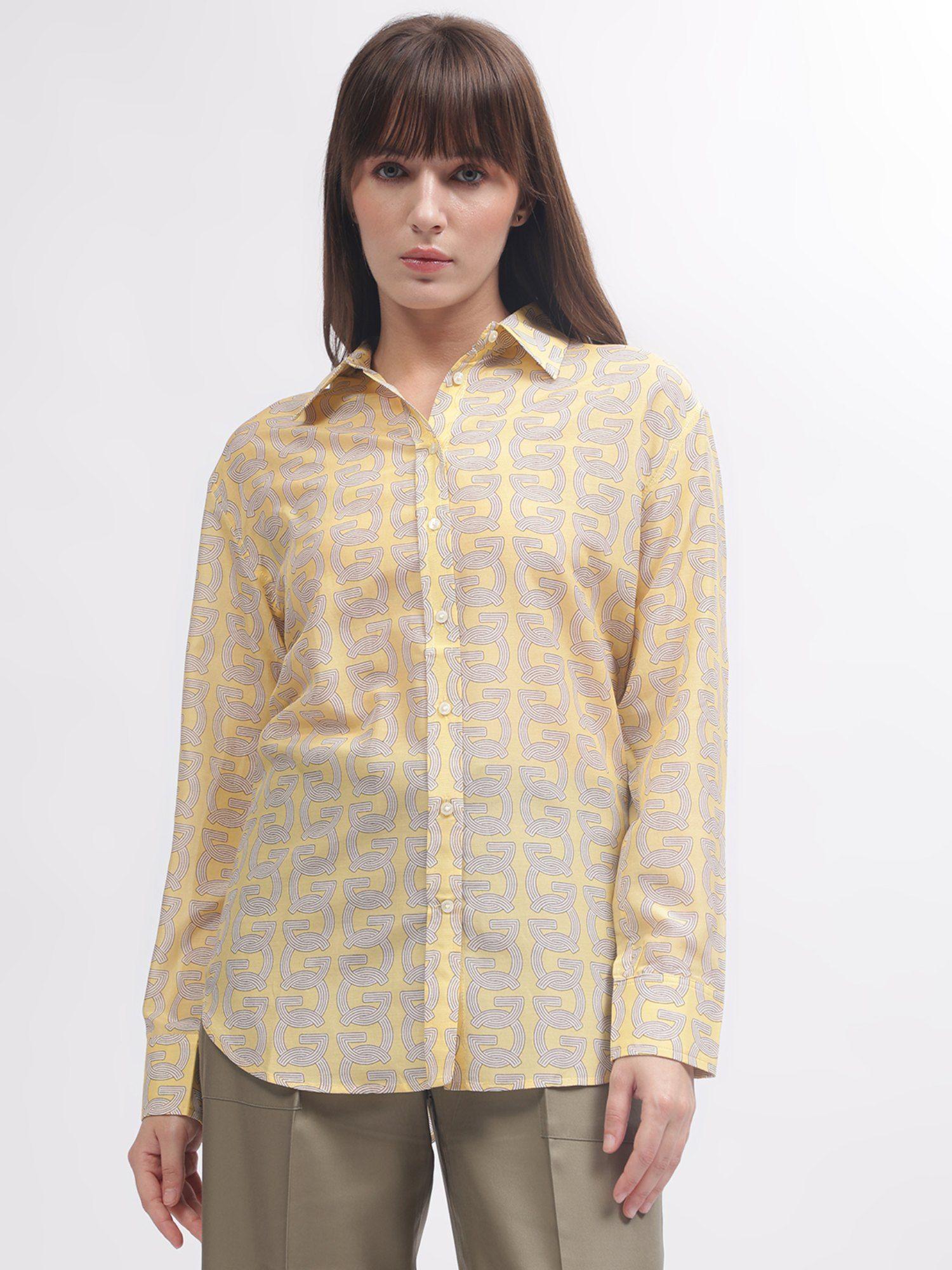 women yellow printed spread collar full sleeves shirt