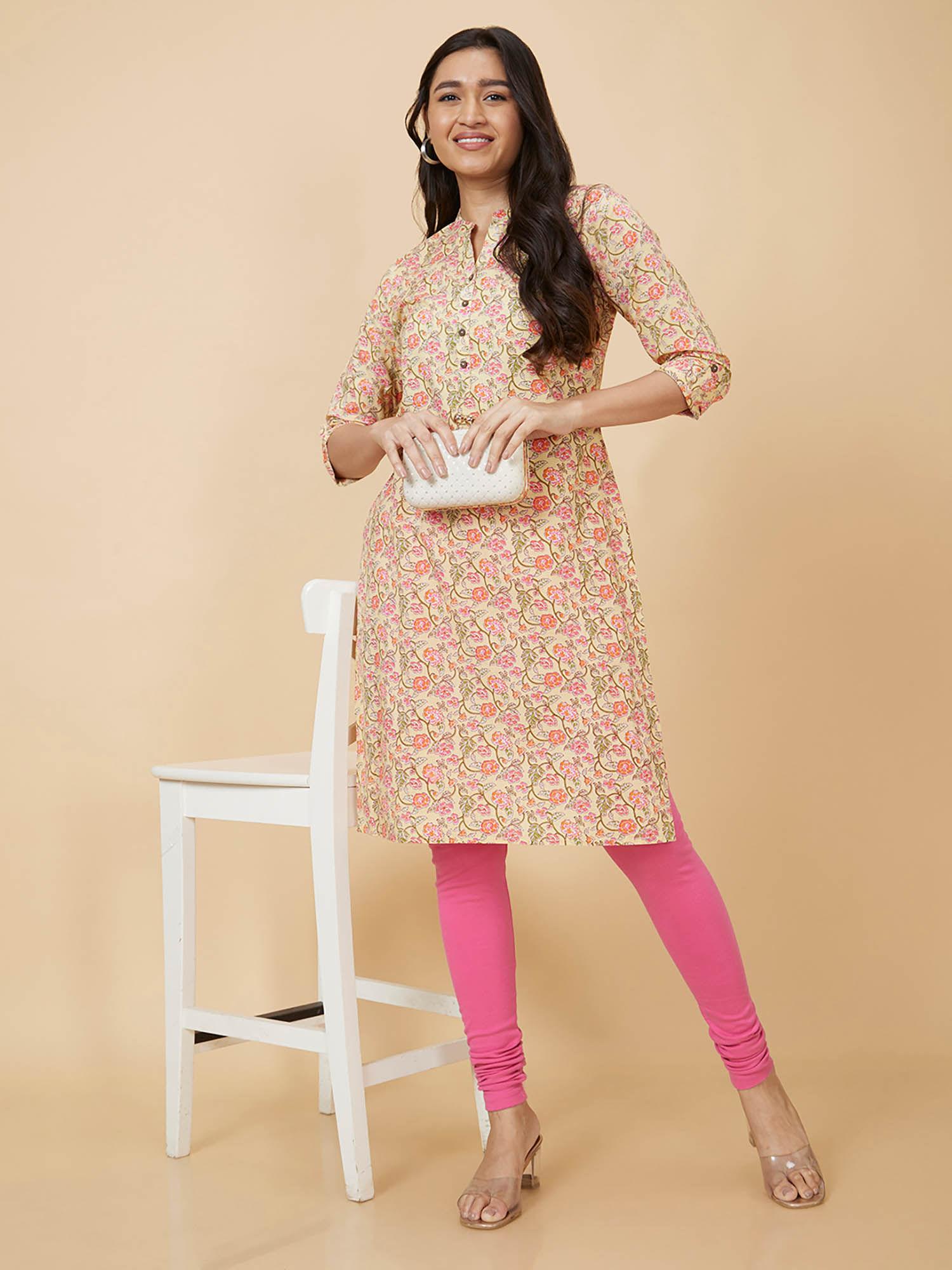 women yellow printed straight kurta