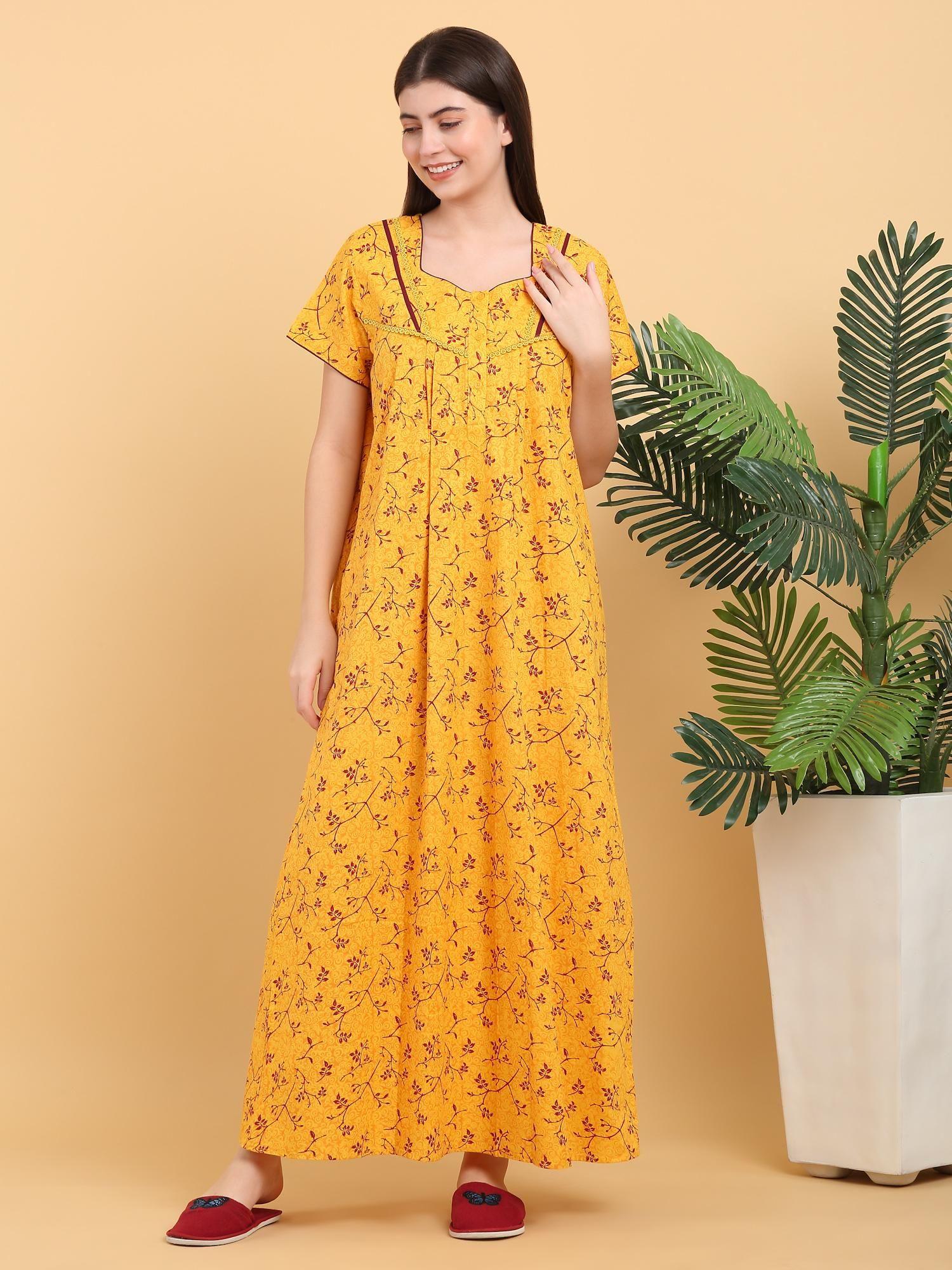 women yellow printed sweetheart nightdress