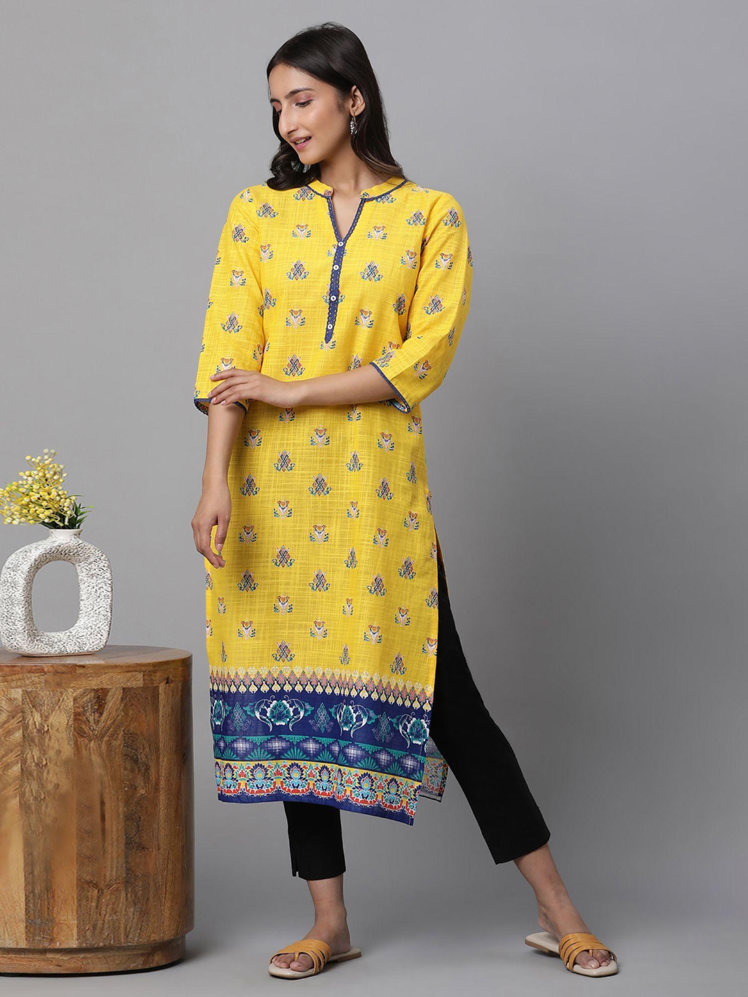 women yellow printed three fourth sleeves mandarin neck kurta