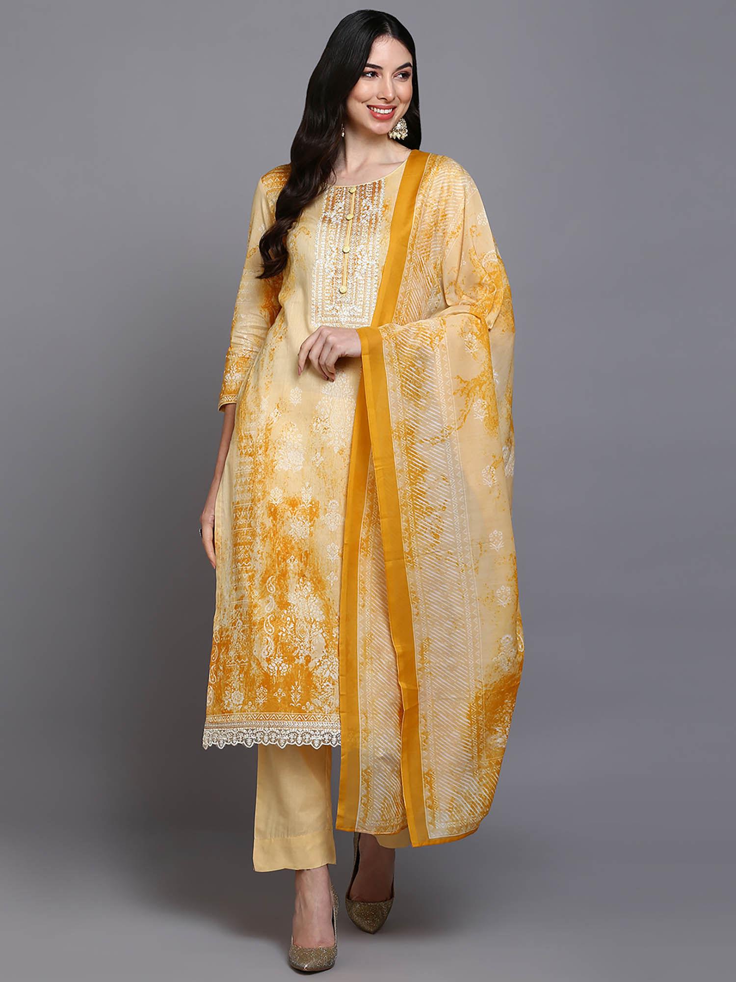 women yellow pure cotton motifs printed straight kurta pants with dupatta (set of 3)