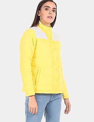 women yellow quilted panel puffer jacket