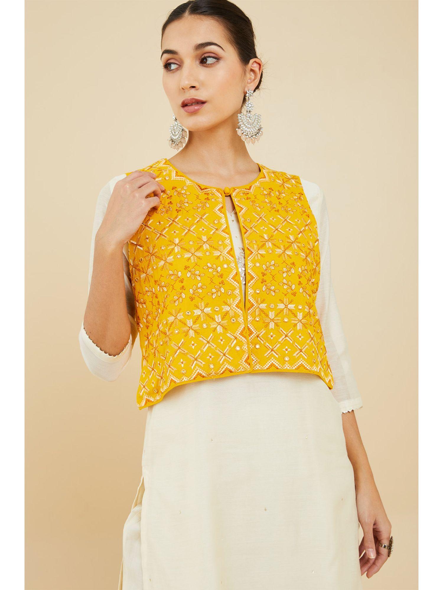 women yellow rayon embroidered ethnic jacket