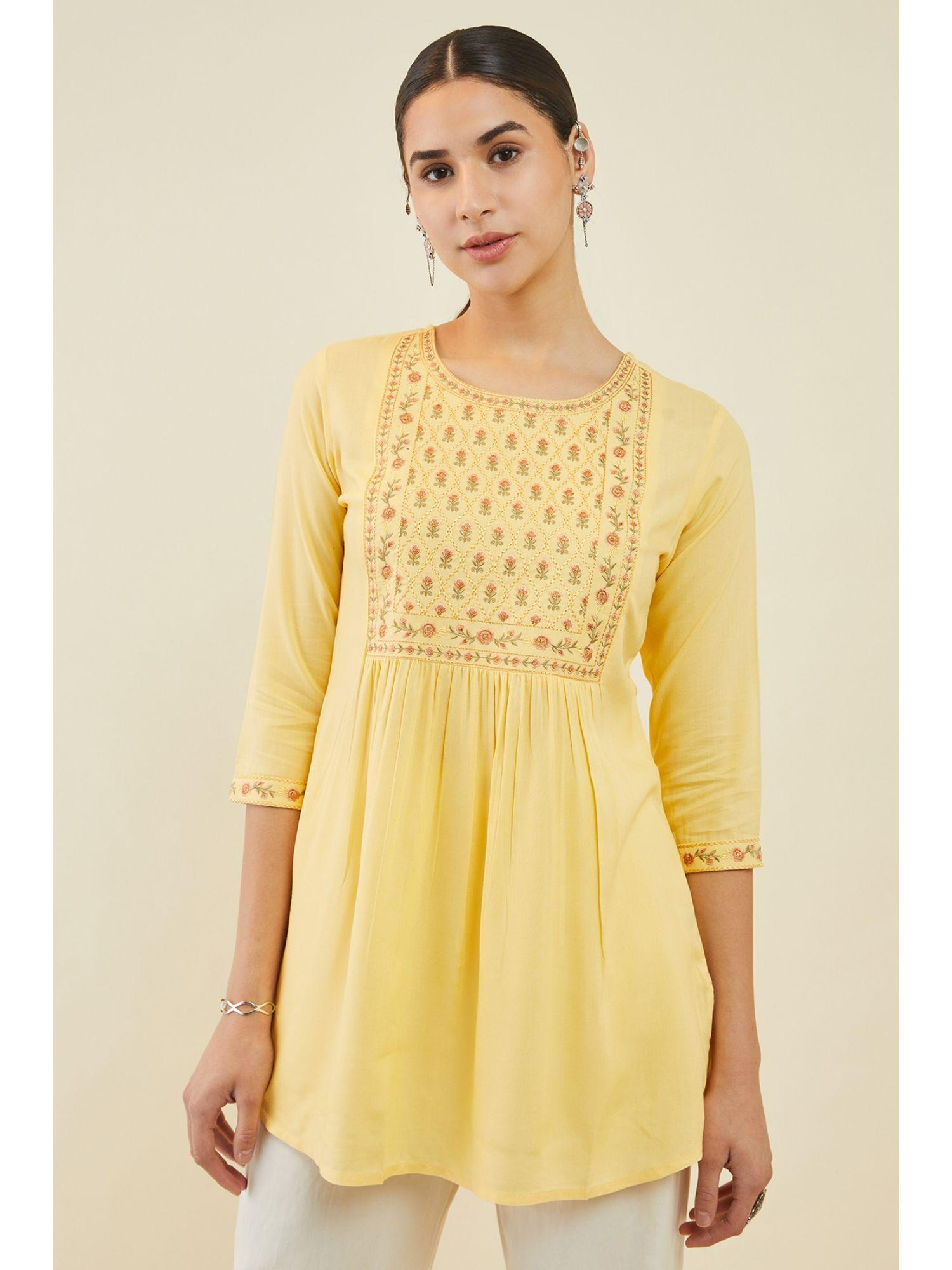 women yellow rayon embroidered tunic