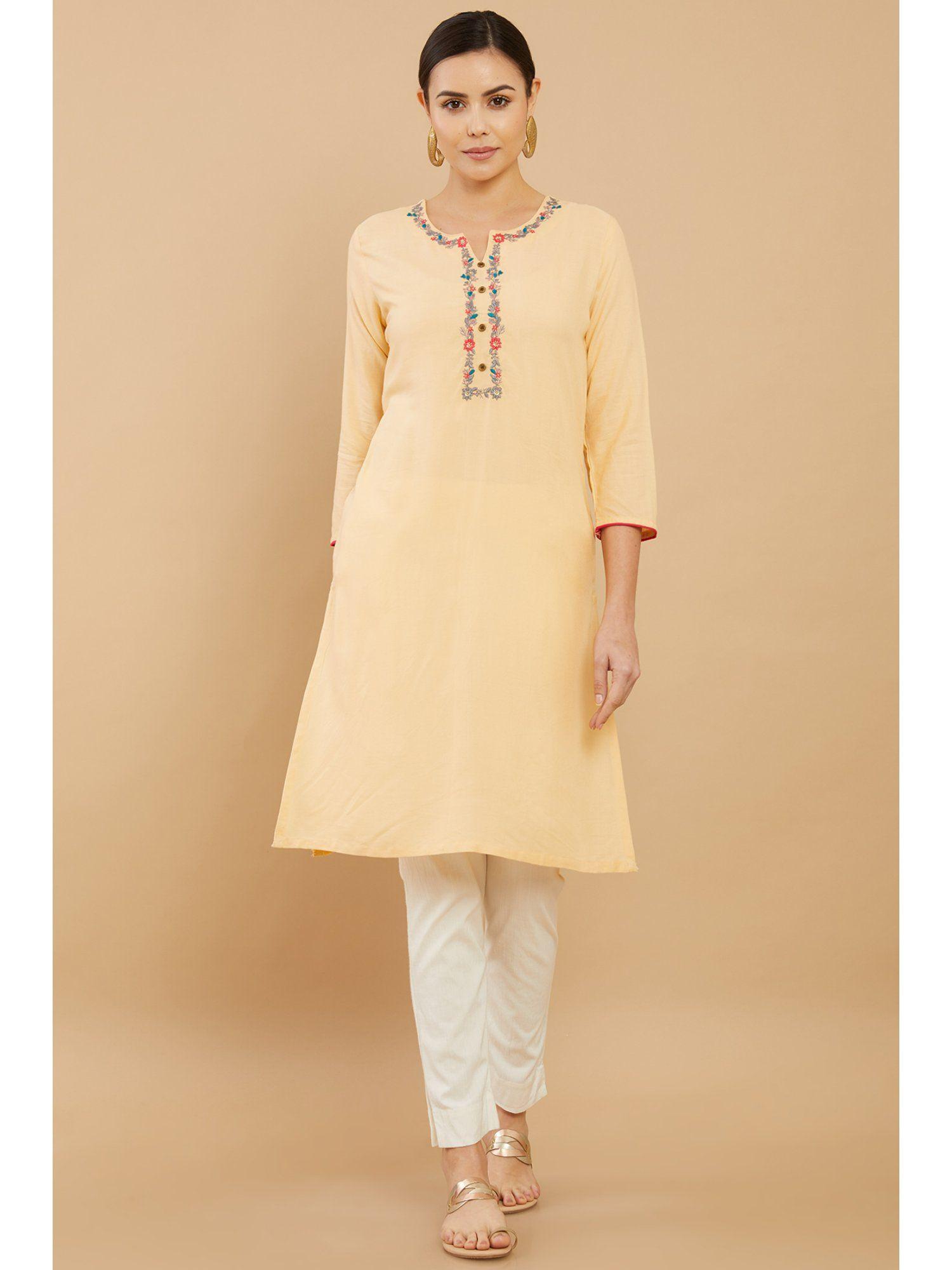 women yellow rayon embroidery kurta