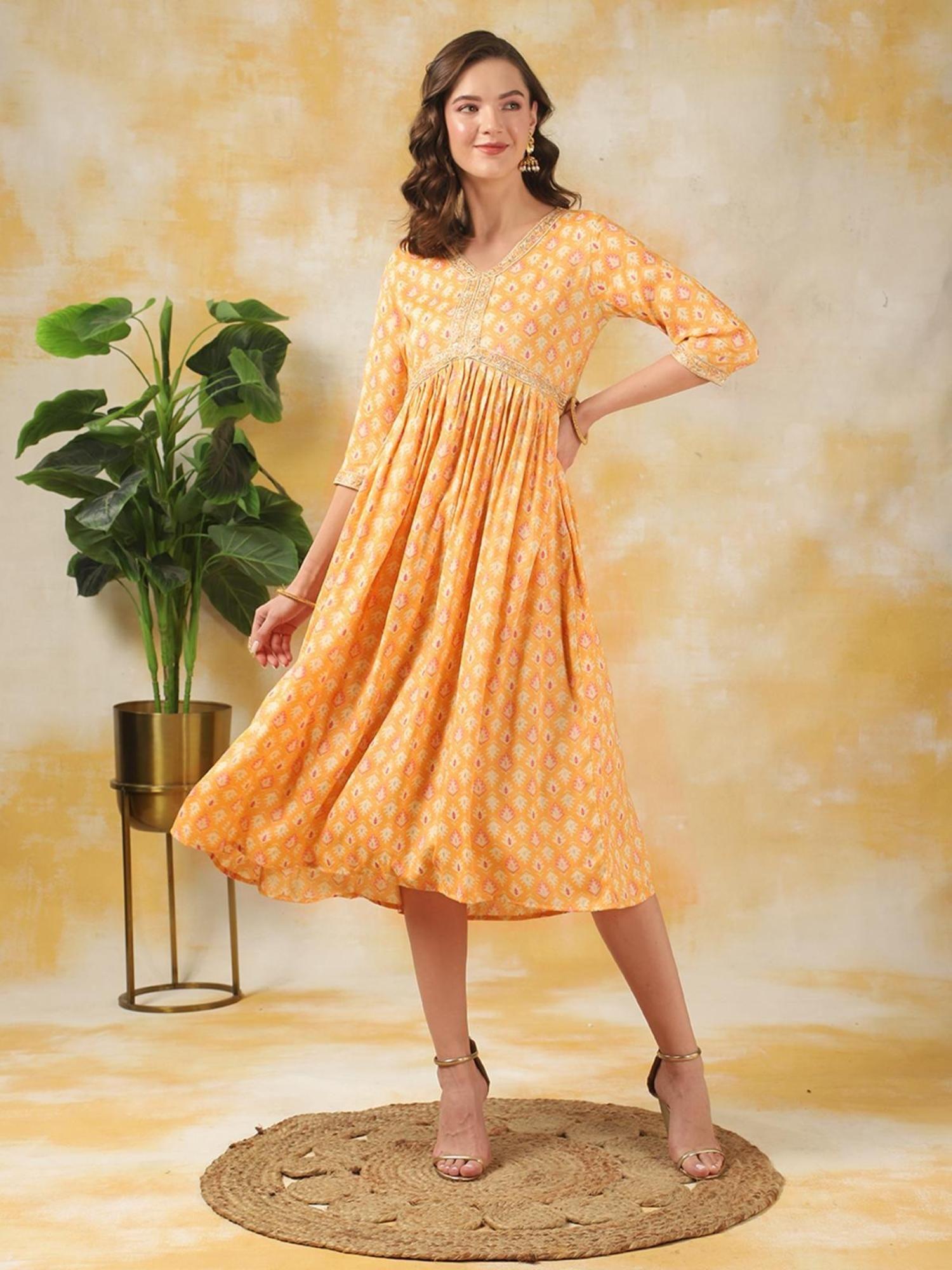 women yellow rayon printed a-line calf length ethnic dress