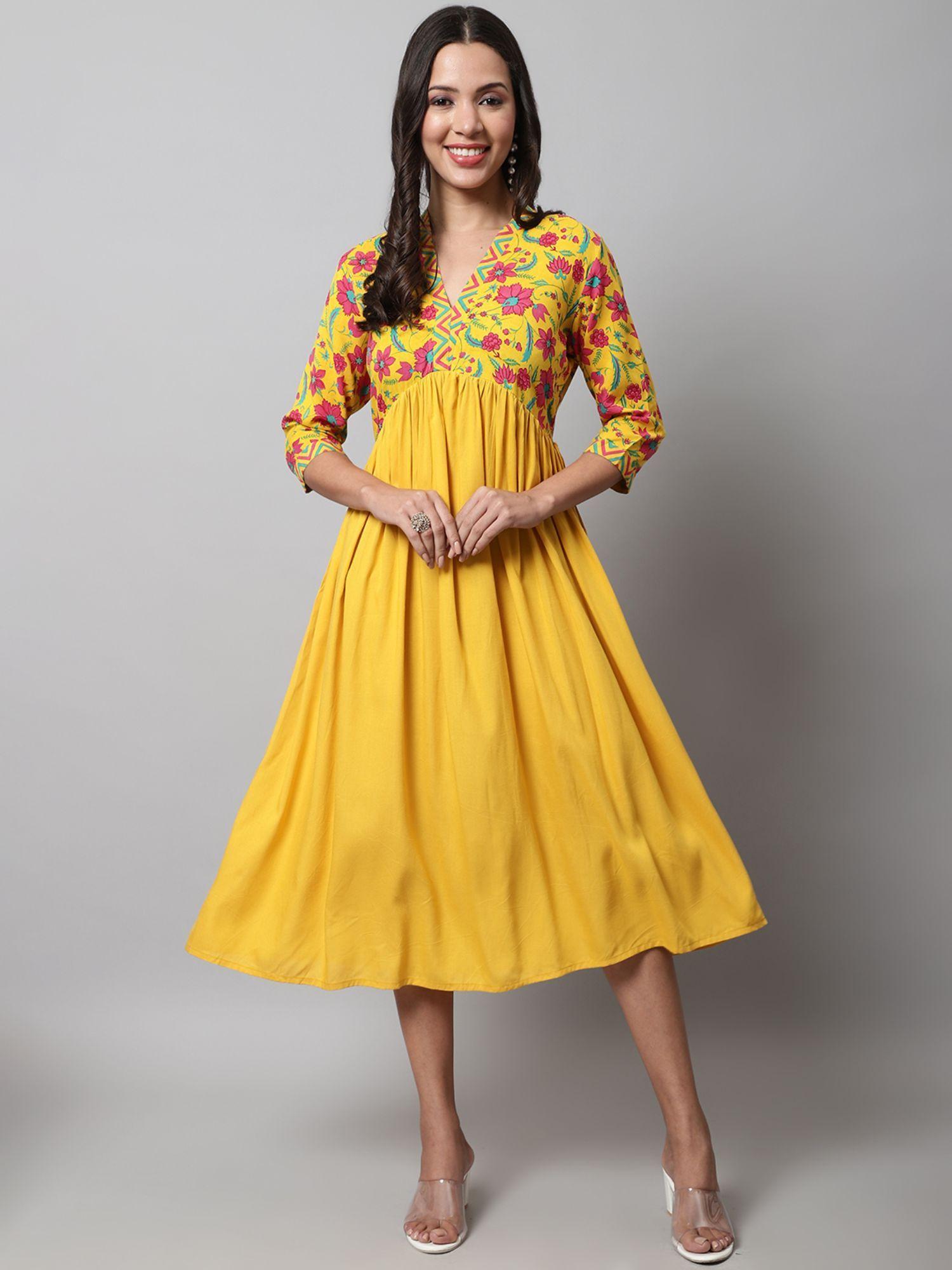 women yellow rayon printed dress